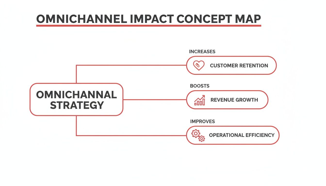 Omnichannel strategy concept map: Increased customer retention, revenue growth, improved operational efficiency.