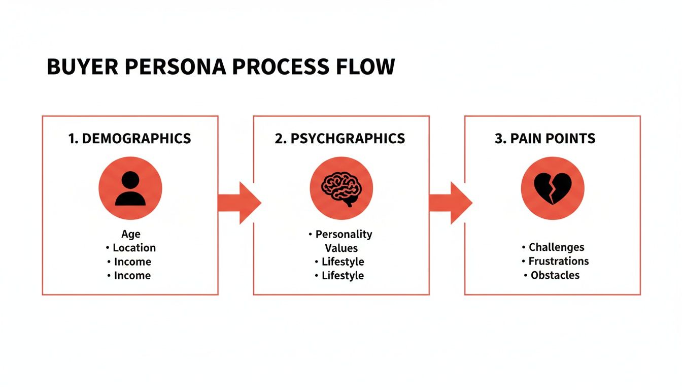 Buyer persona process flow diagram. Demographics, psychographics, and pain points in a sequence.
