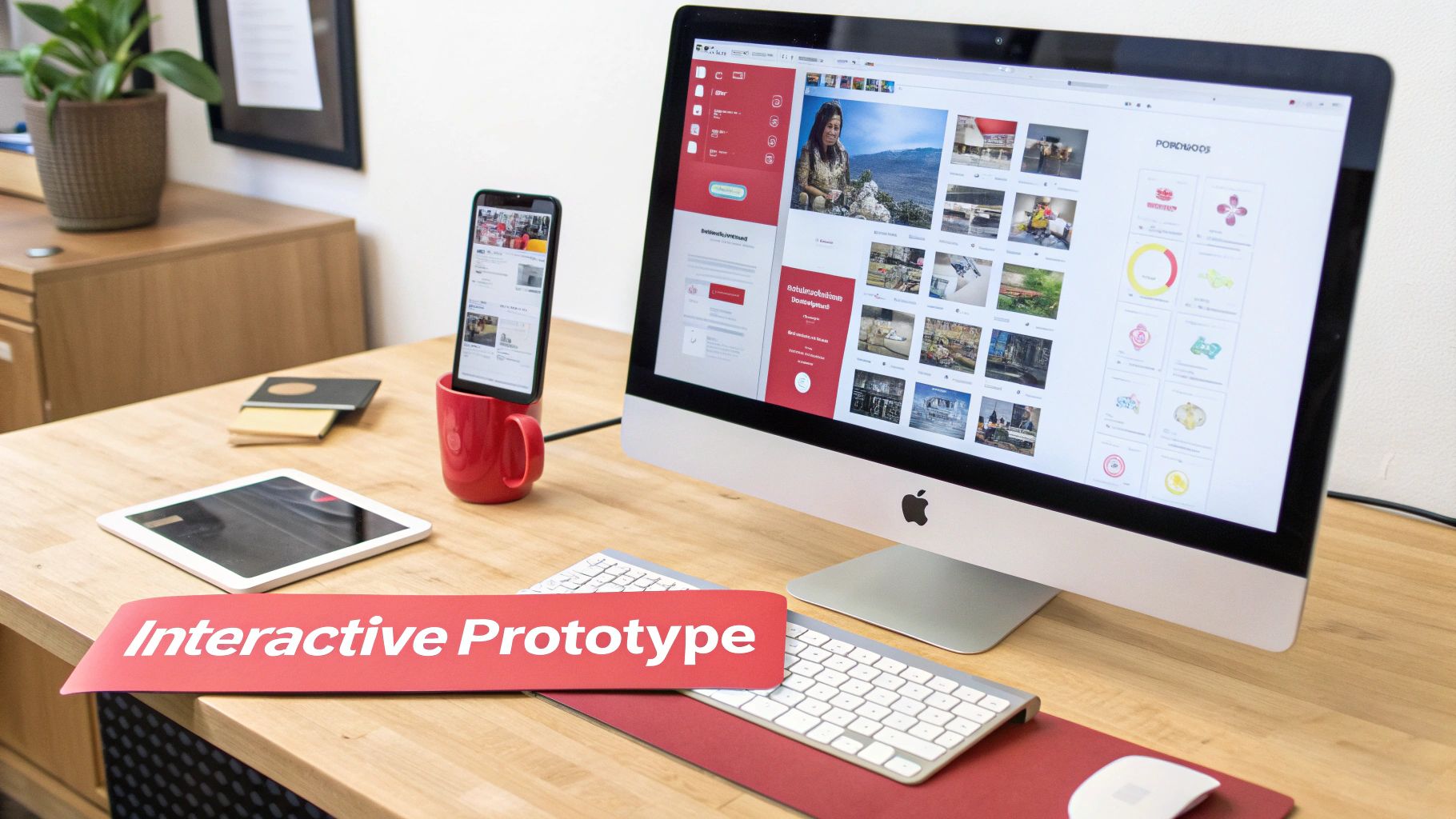 Desktop setup with computer, smartphone, and tablet displaying app prototype; desk and red 