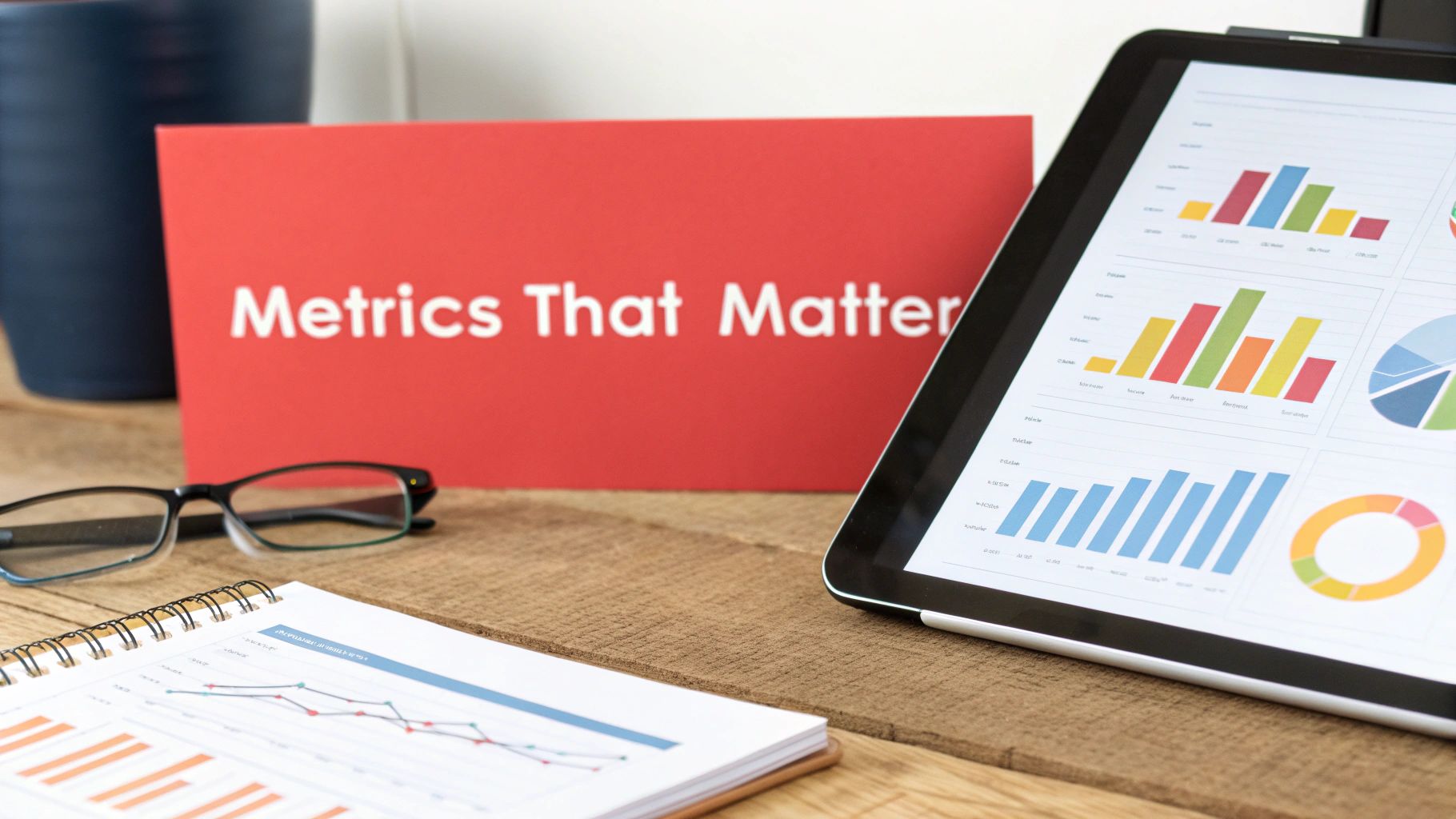 Tablet displaying charts, notebook, glasses, and a sign reading 