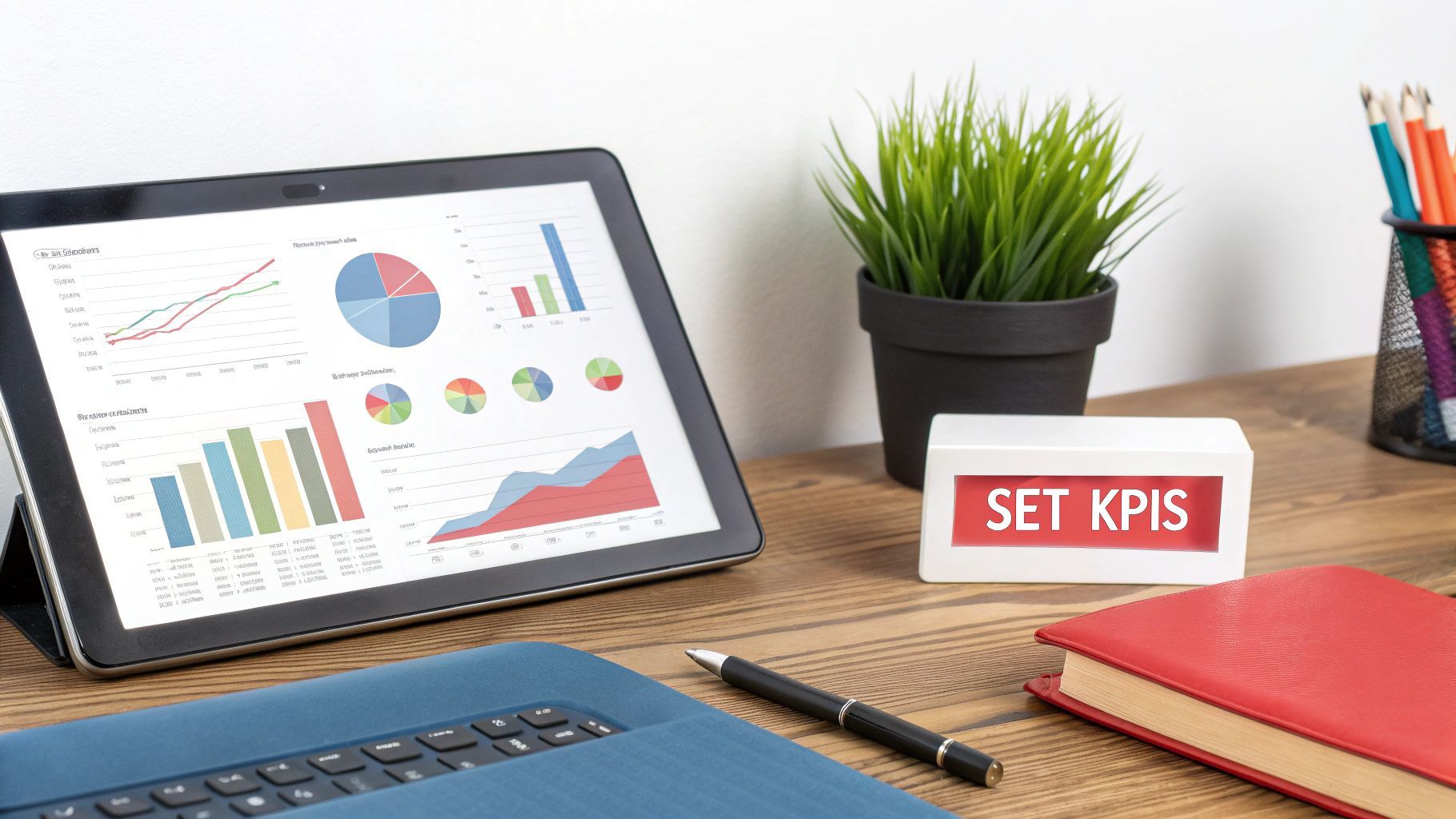 tablet on a desk with a keyboard and pen and a SET KPI's sign