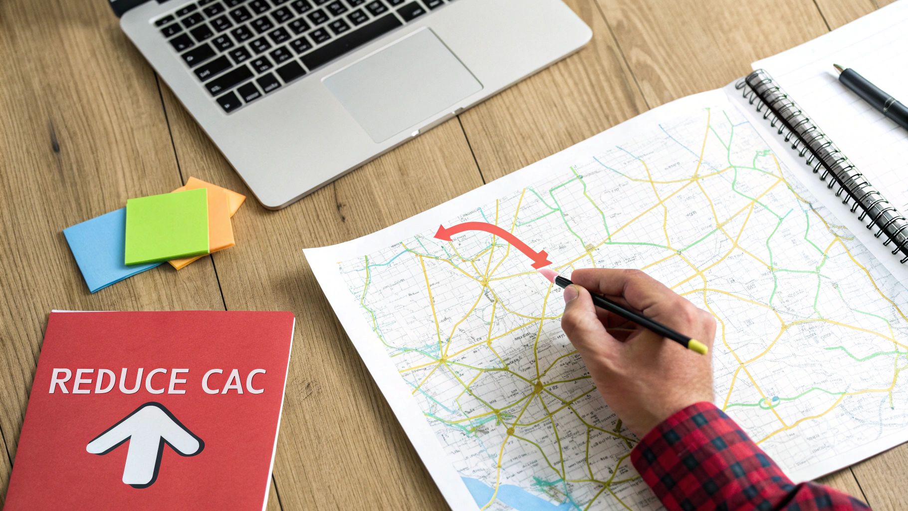 Hand planning a route on a map, laptop and notebook nearby, with a 