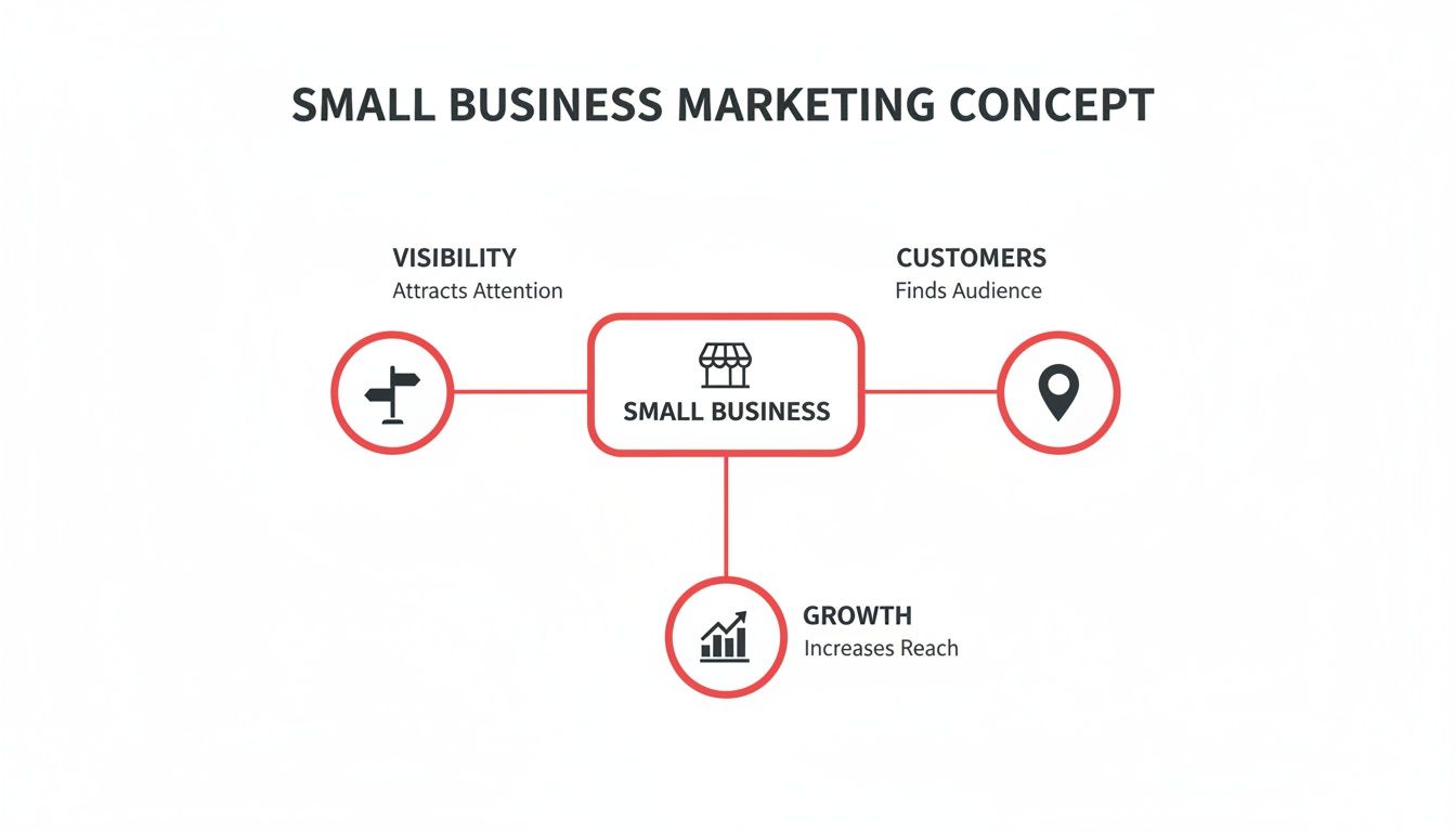 Small business marketing concept: A central red rectangle labeled 