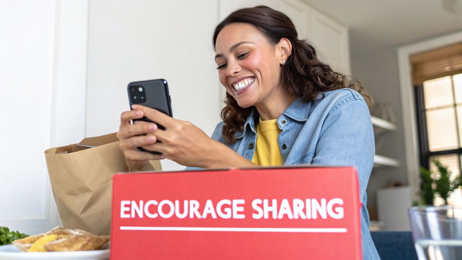 Woman smiling at phone, sitting near a red box labeled 