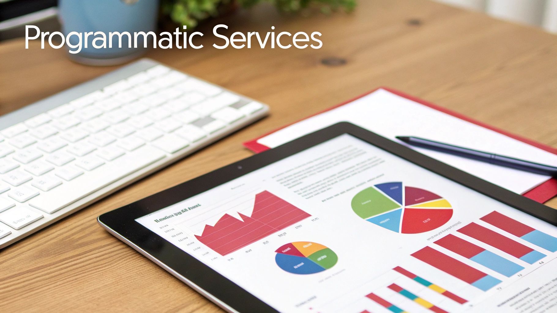 a keyboard and a tablet with pie charts and graphs on the screen
