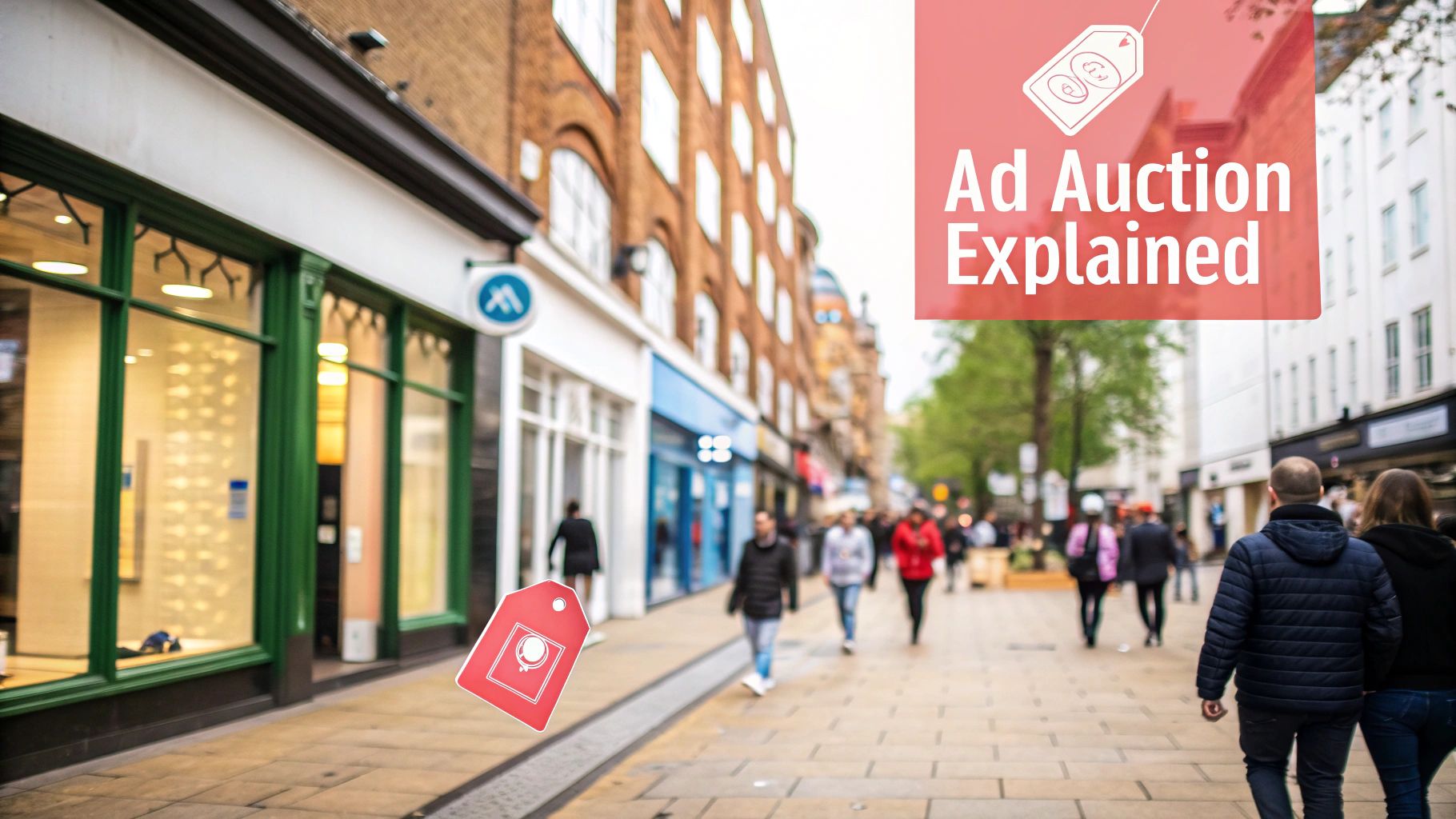 Street scene with shops and pedestrians, with floating price tag and 