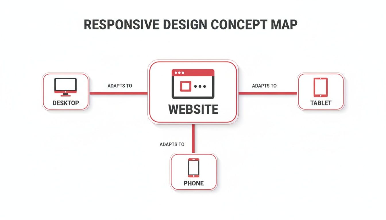Diagram: Responsive website design concept map with links from website to desktop, tablet, and phone.