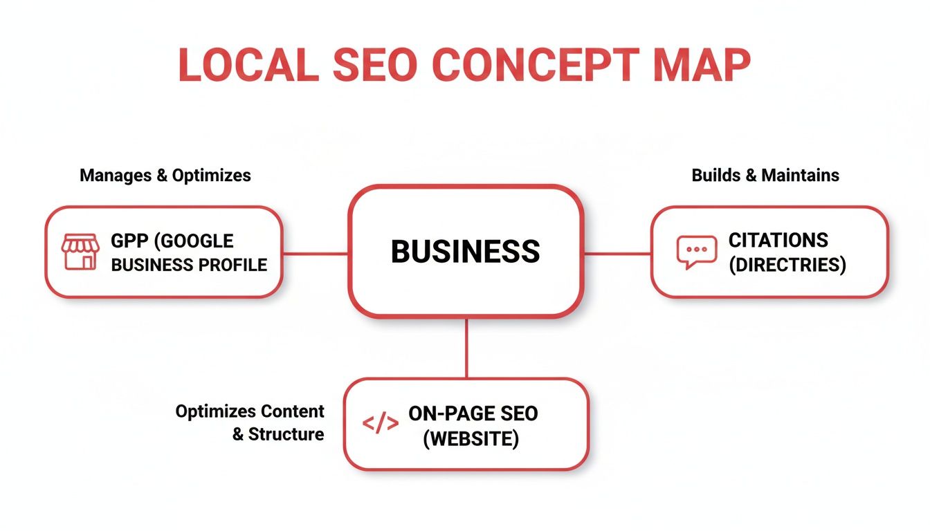 Local SEO concept map illustrating Google Business Profile, Citations, and On-Page SEO elements.
