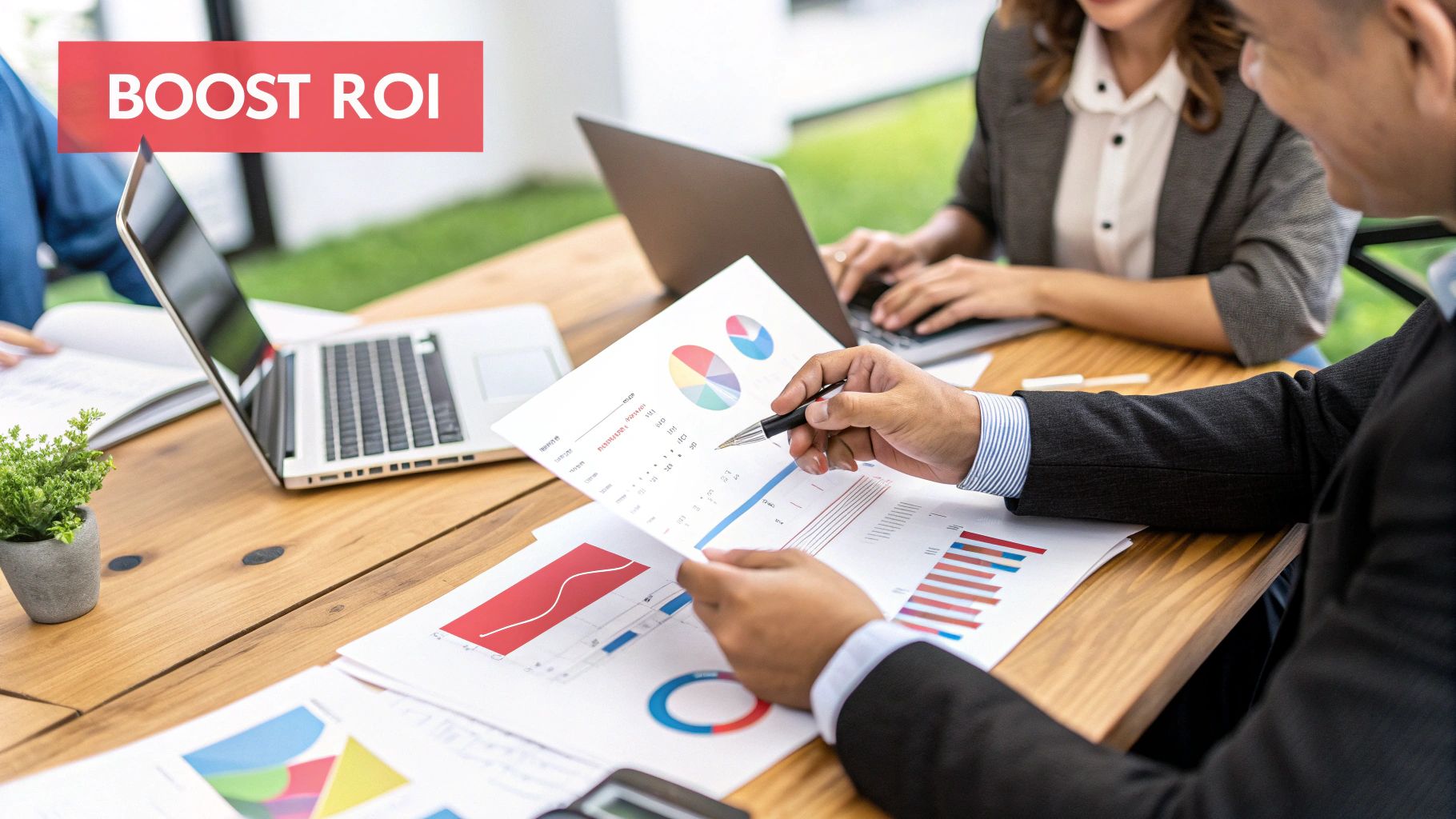 a man and woman looking at graphs and analytics on paper