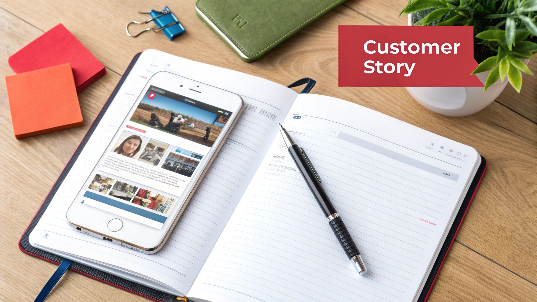 Smartphone on an open notebook with a pen, post-it notes, and a small plant, labeled 