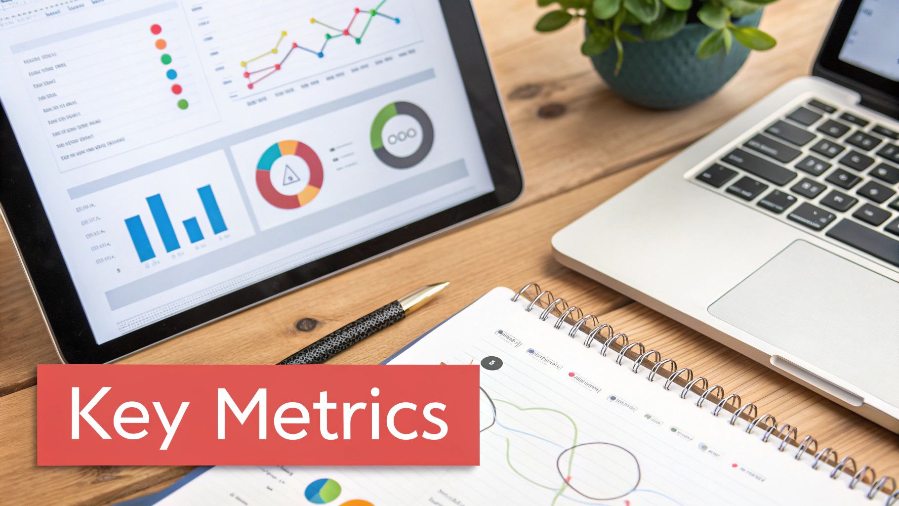 A tablet and laptop on a wooden desk showing data analysis, charts, and key business metrics.