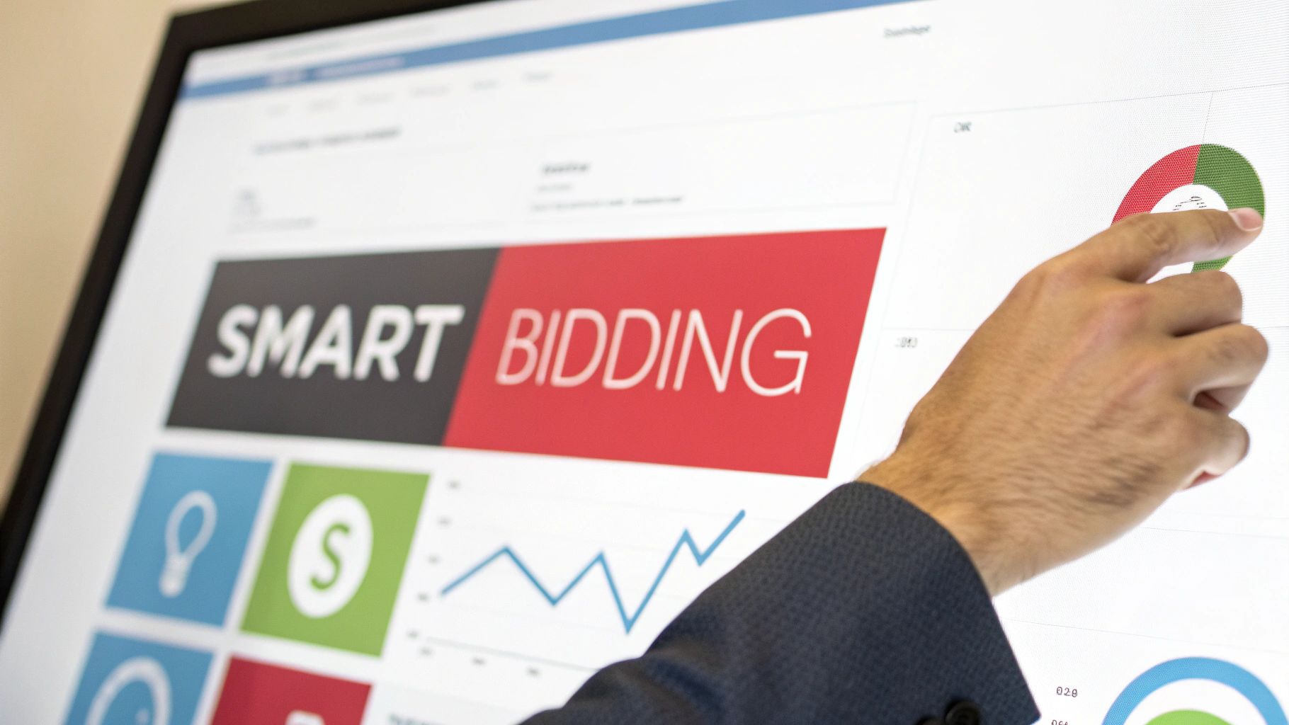 Hand pointing to data on a screen displaying 