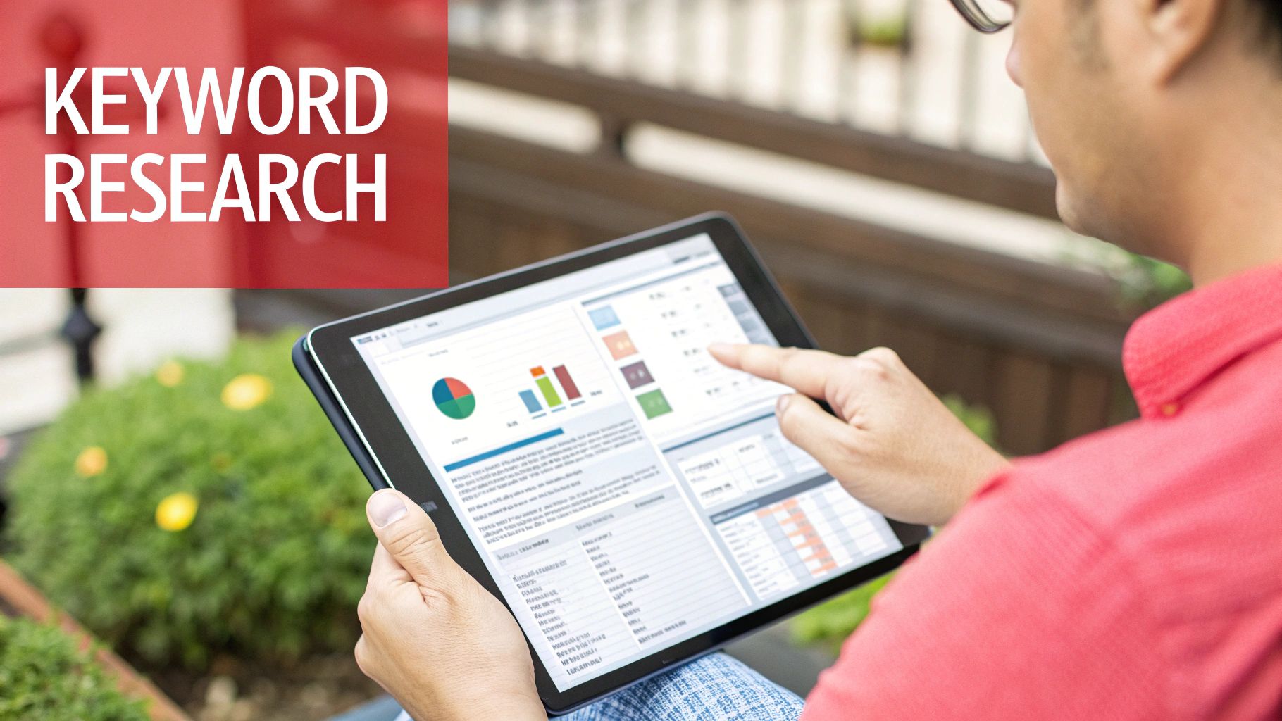 man looking at his tablet Keyword research