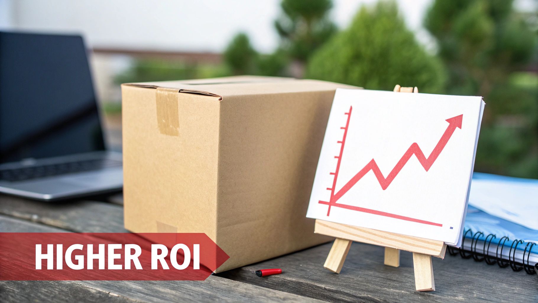 a closed cardboard box next to a easal with a escalating redarrow on it