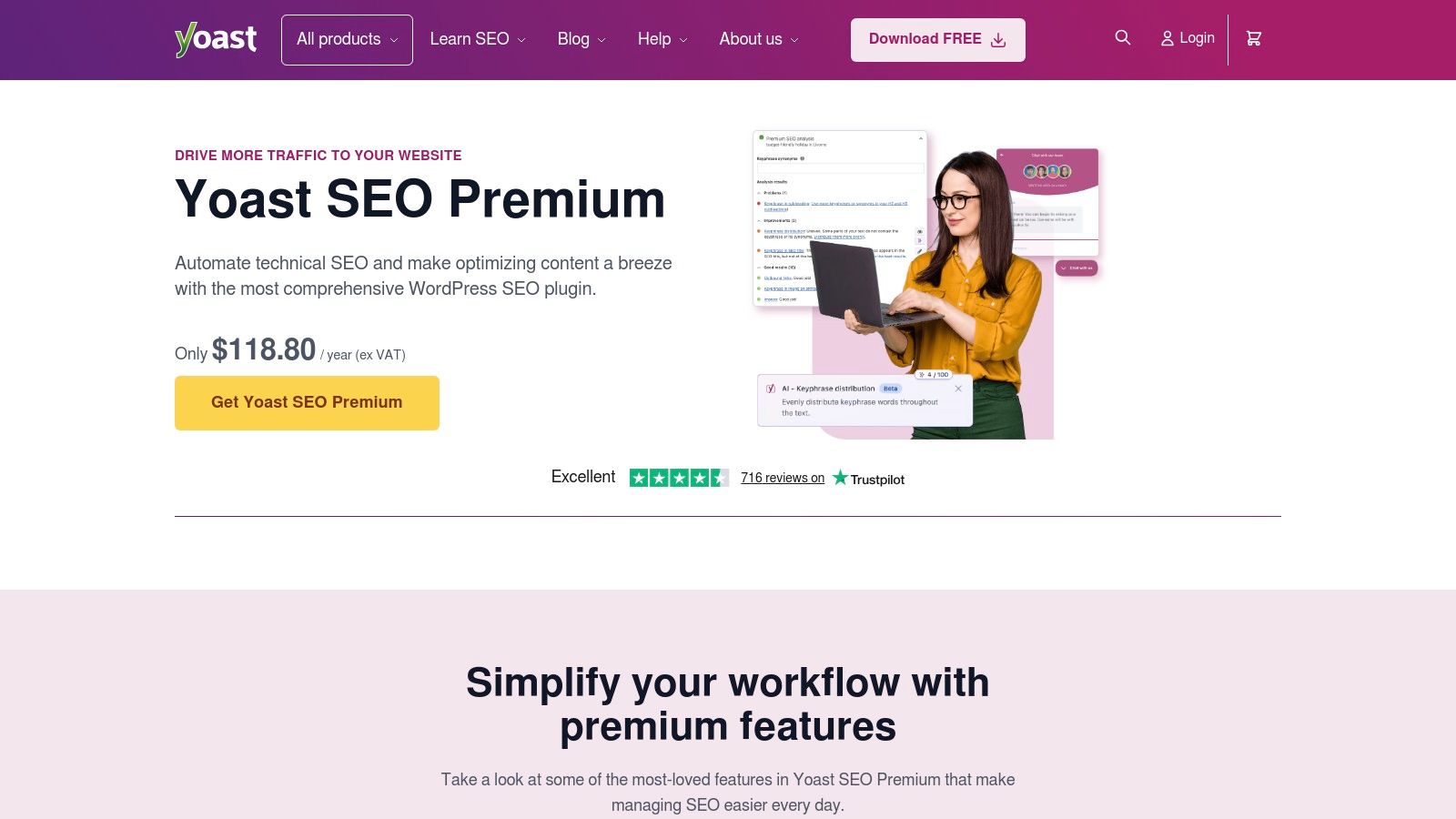 Yoast SEO Premium website advertisement, featuring a woman using a laptop, and a price of $118.00.