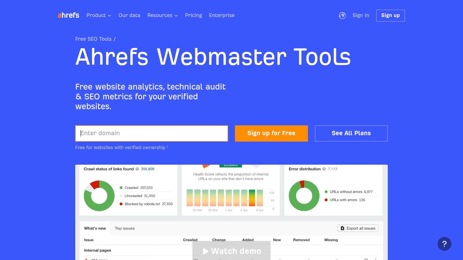 Ahrefs Webmaster Tools webpage with blue background and orange call-to-action buttons.
