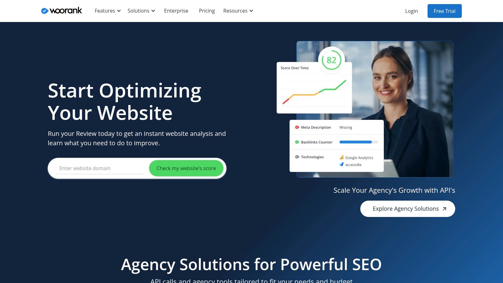 Website landing page with woman smiling, charts, and text 