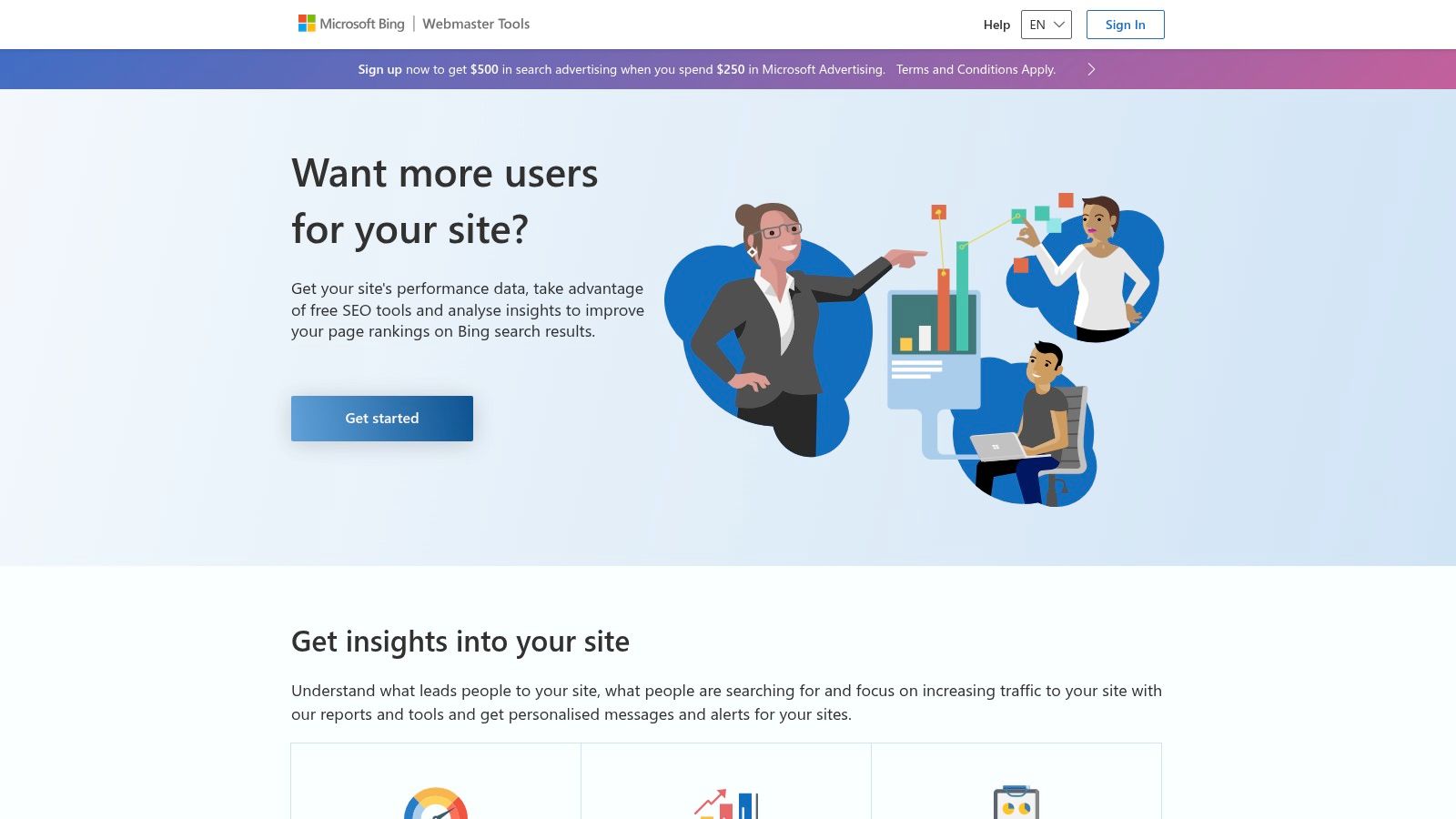 Website homepage, featuring three illustrated people and the text 