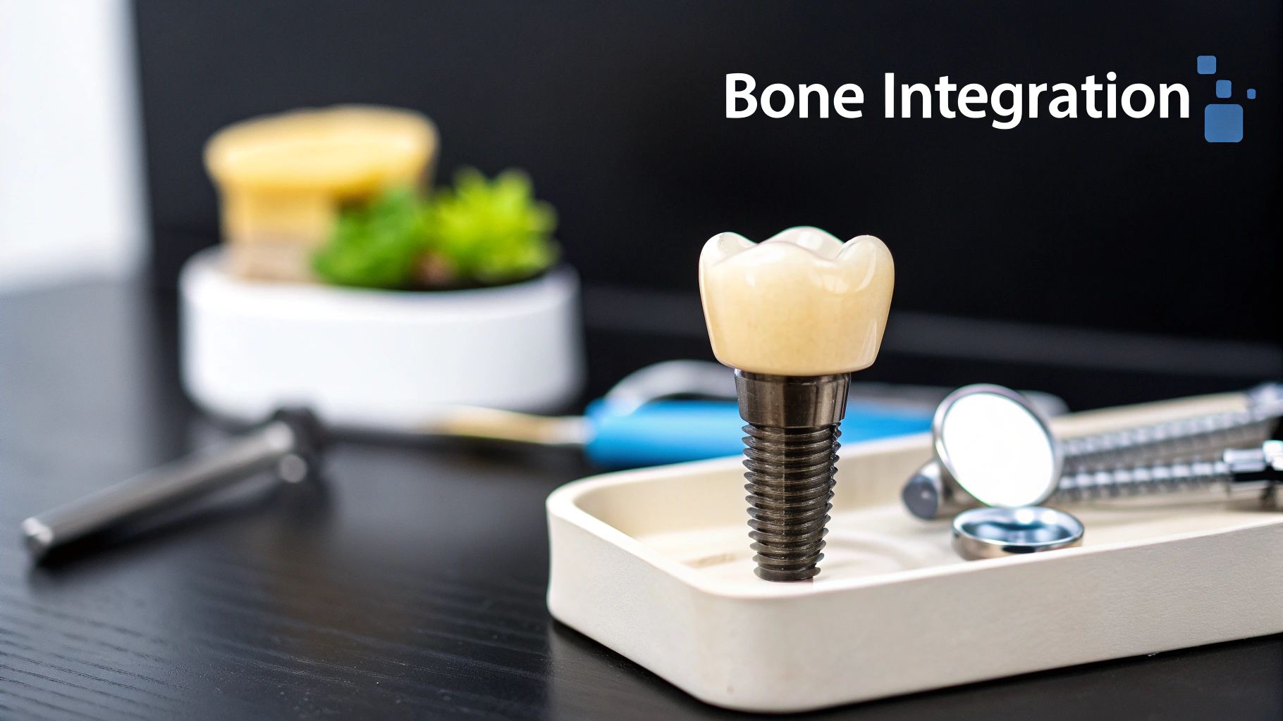 Detailed dental implant model with a crown and screw, alongside various dental tools in a tray.