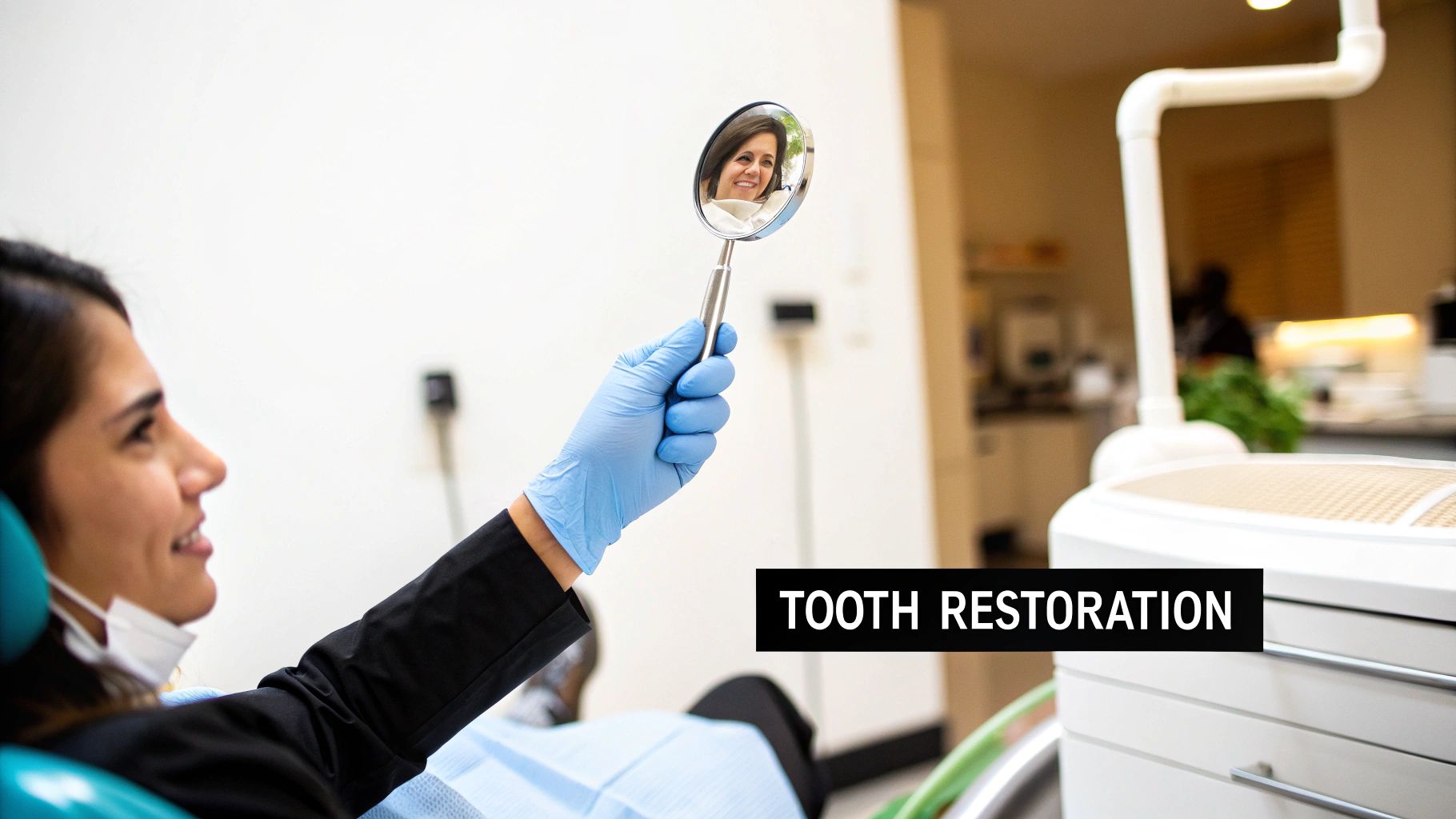 A gloved hand holds a dental mirror reflecting a smiling patient after tooth restoration.