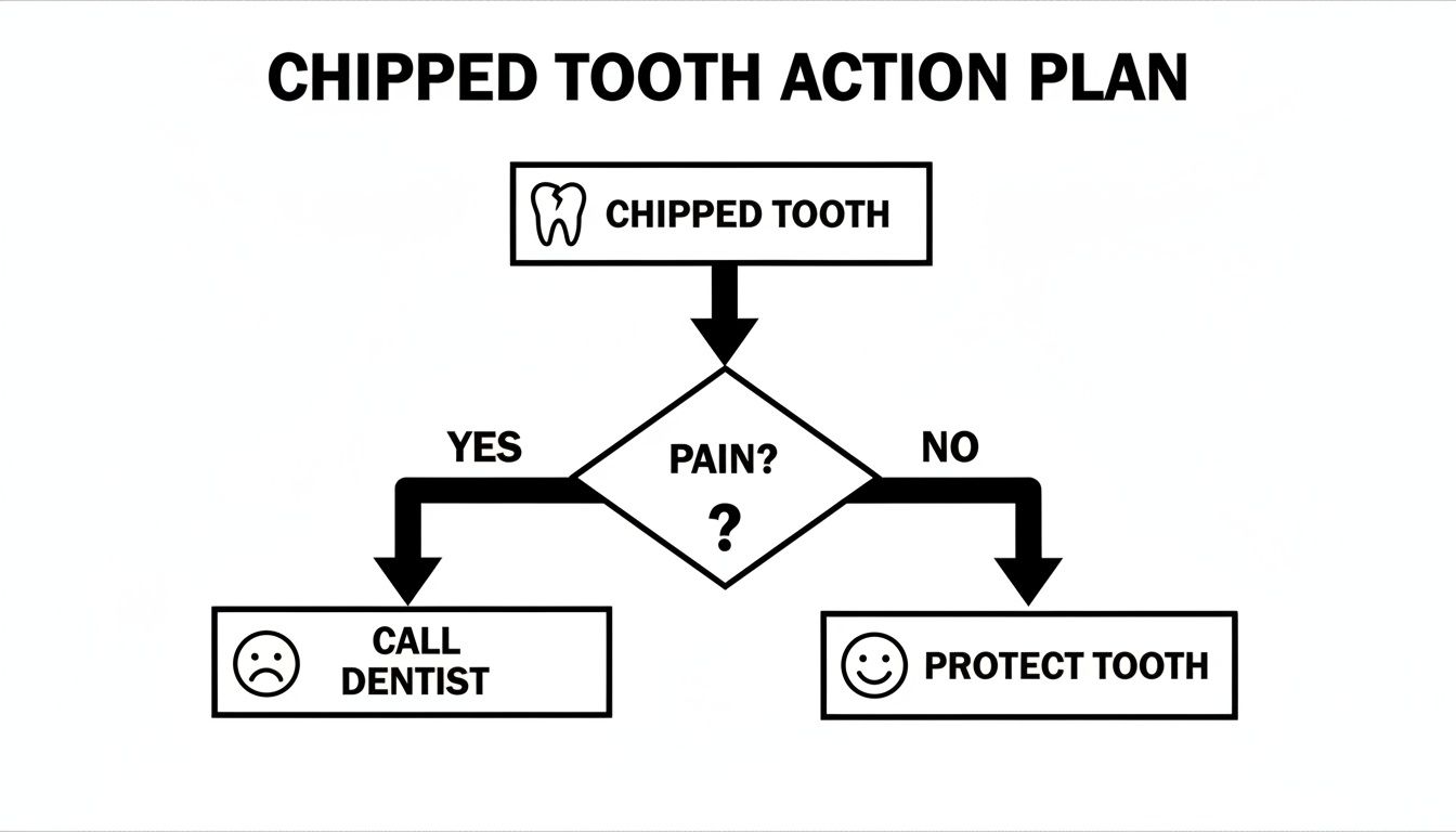 Flowchart for a chipped tooth action plan: call a dentist if pain, otherwise protect tooth.