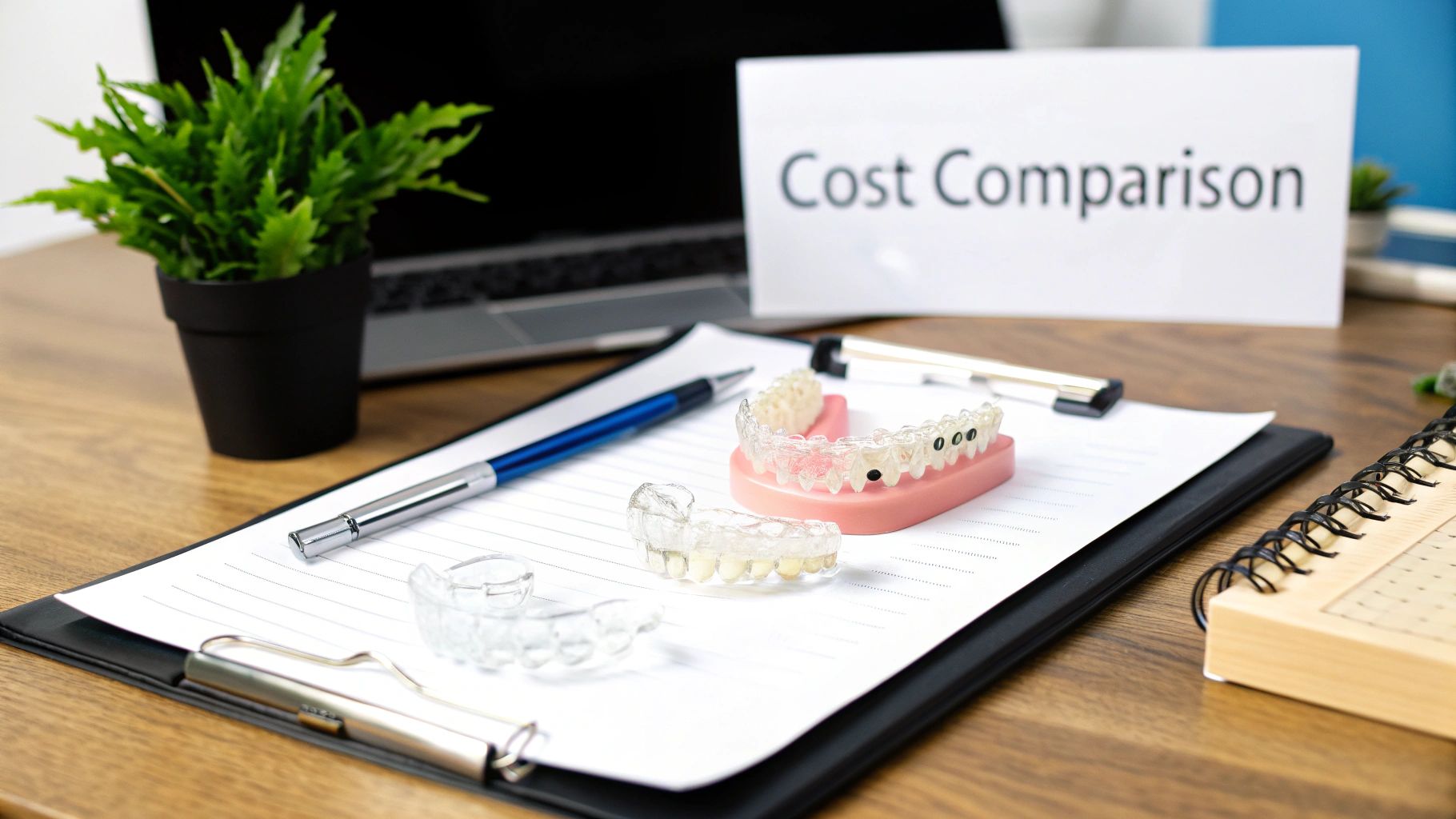 Desk setup with clear dental aligners, a teeth model, and a 'Cost Comparison' sign, discussing orthodontic options.