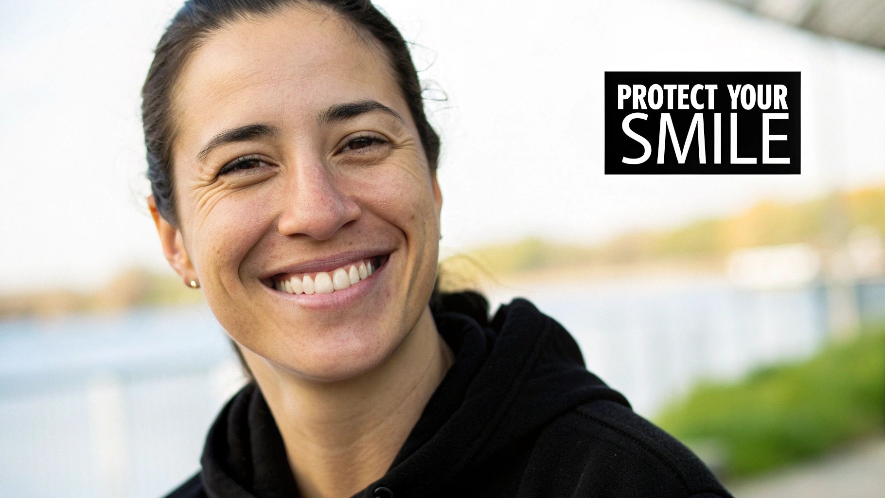 Close-up of a happy woman with a bright smile, wearing a black hoodie, with 'PROTECT YOUR SMILE' text.
