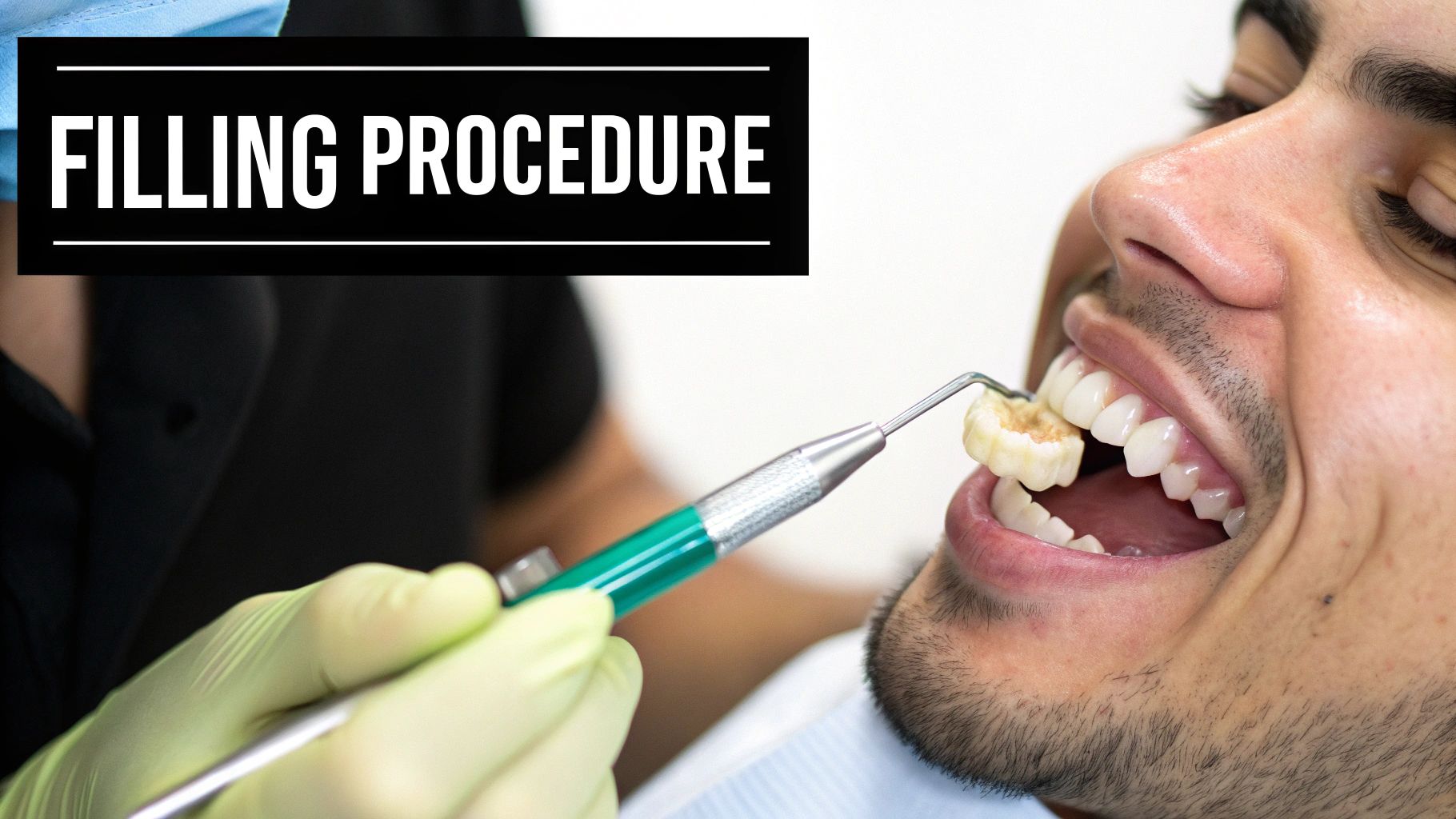 A patient undergoes a dental filling procedure, with a dentist's gloved hand and tools visible inside their mouth.