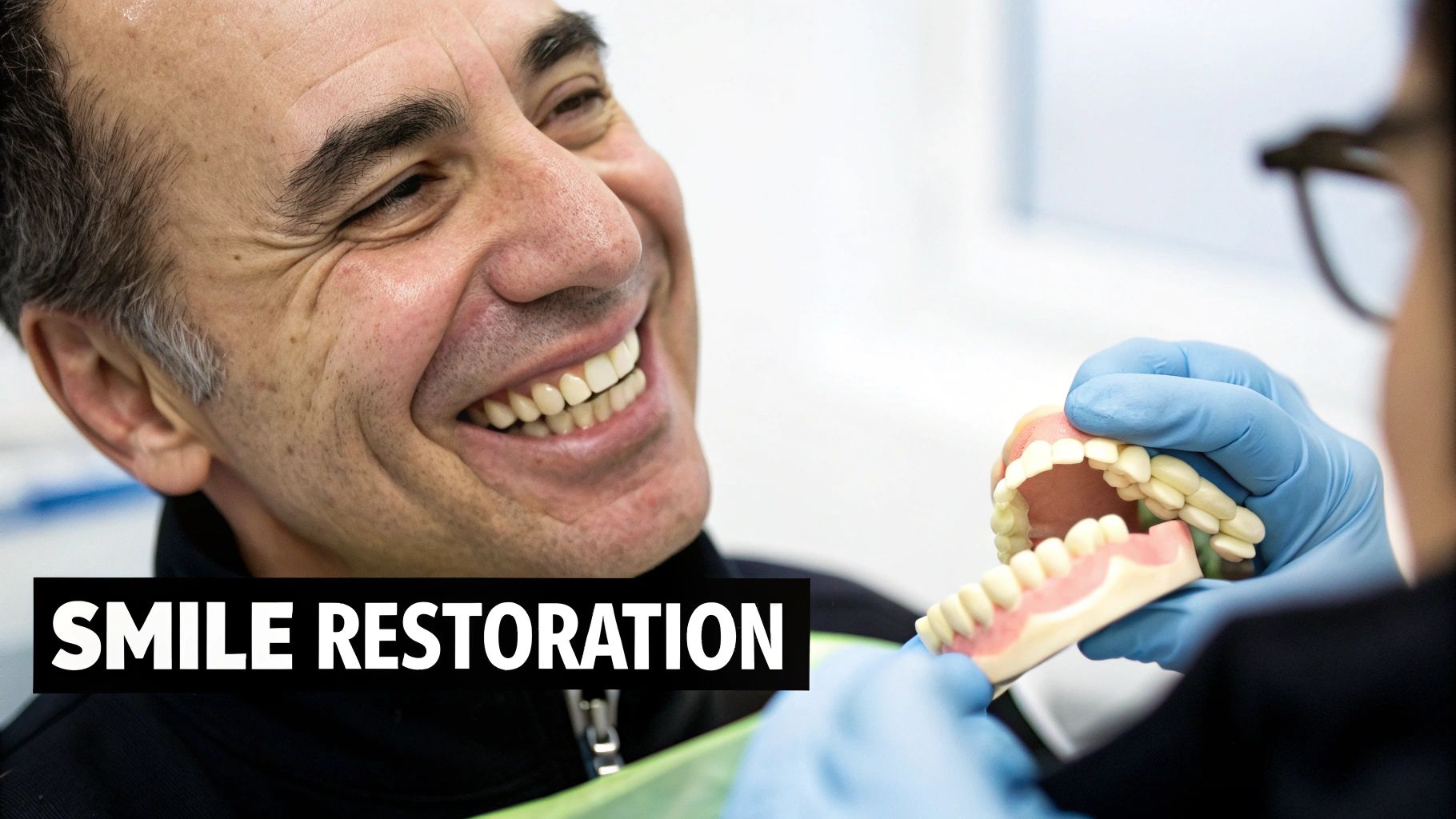 Smiling man with natural teeth looks at a dental model held by a dentist for smile restoration.