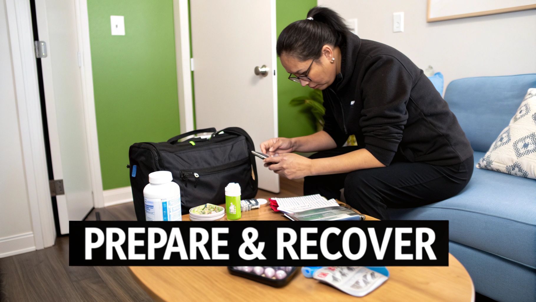 A person sits on a blue couch, organizing medication, supplements, and a bag on a coffee table.