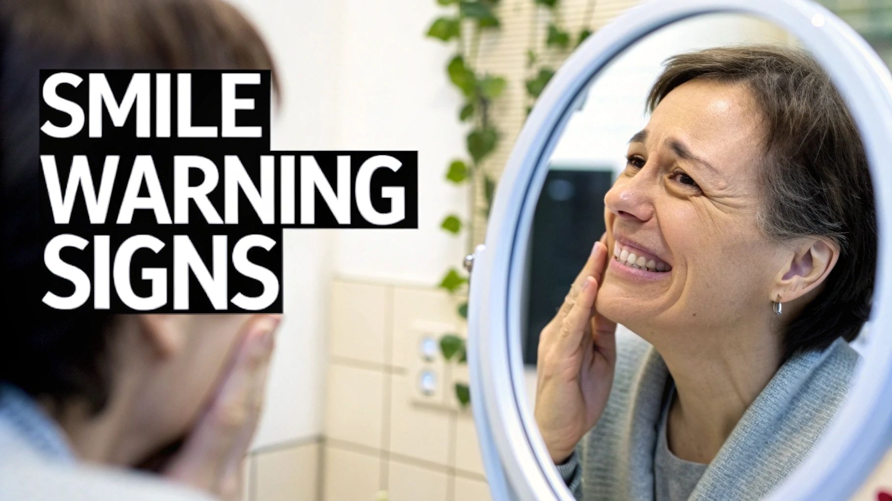 A woman with short hair smiles at her reflection in a round mirror, touching her cheek. Text reads "SMILE WARNING SIGNS".