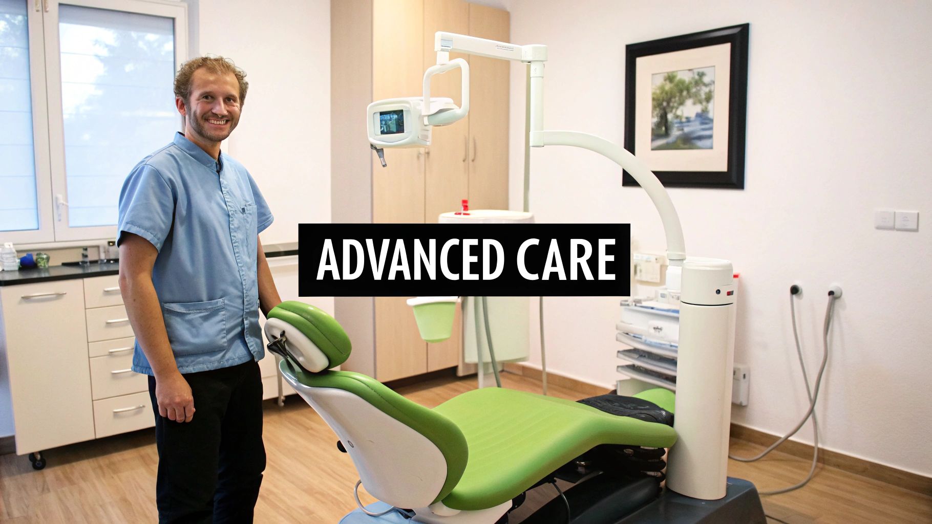 A smiling male dentist in blue scrubs stands next to a green dental chair in a modern clinic.