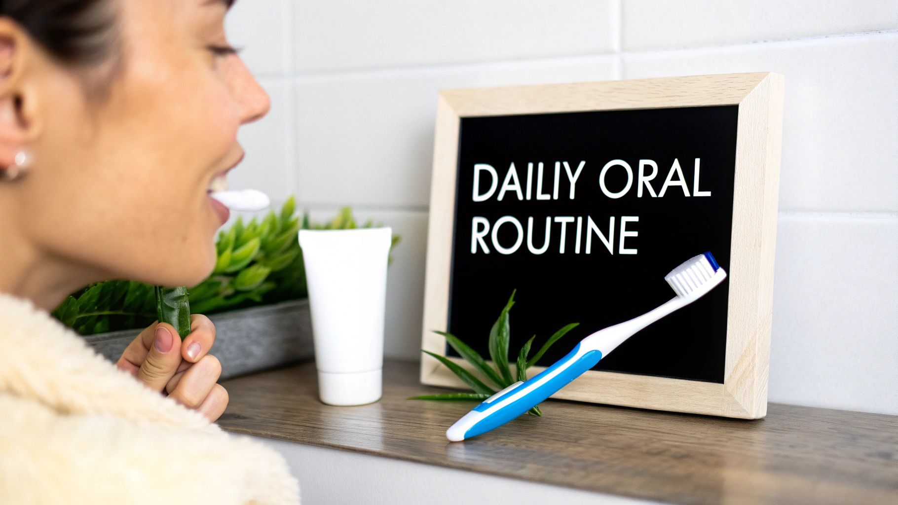Woman with toothbrush looking at daily oral routine sign with toothpaste and green plant