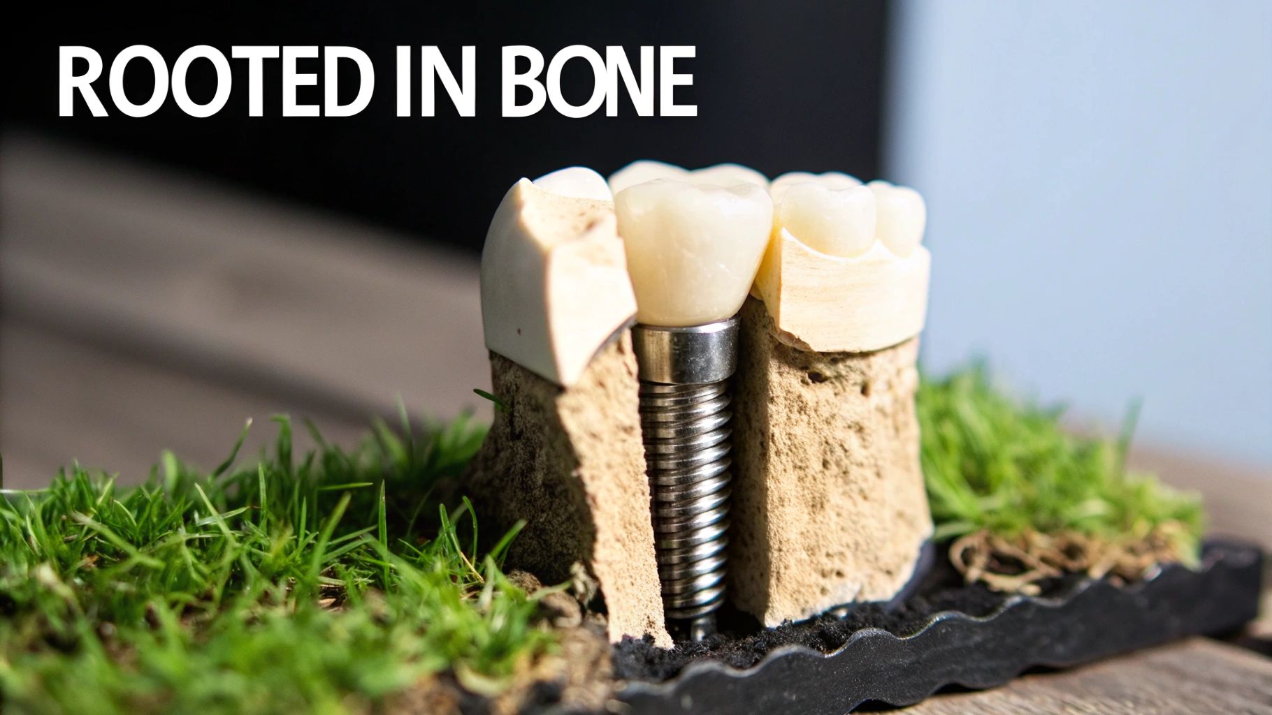 Dental implant model showing a screw-like fixture embedded in a bone replica, topped with a tooth crown.