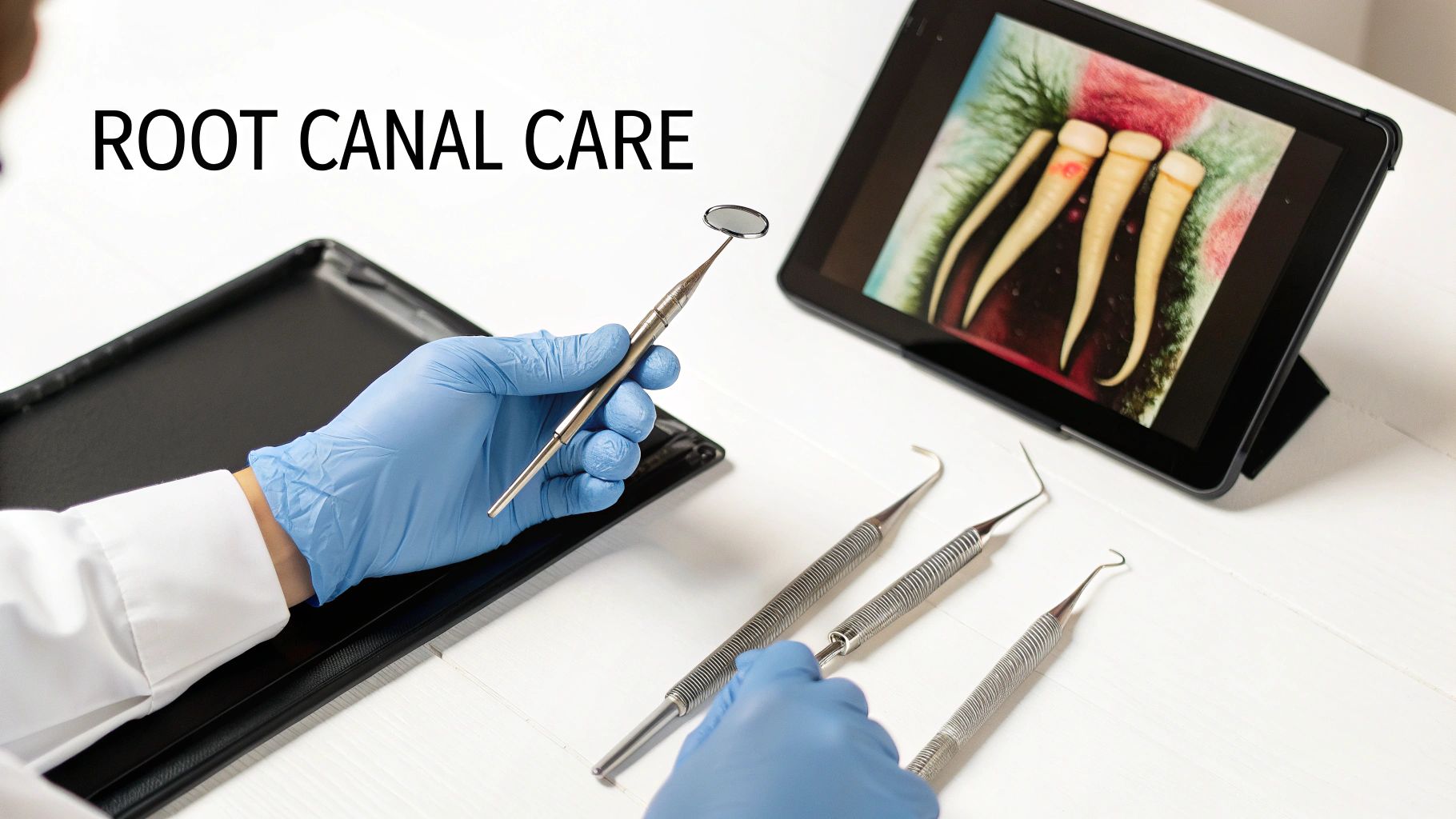 Dentist wearing blue gloves holding a dental mirror, with root canal tools and a tablet showing a tooth root diagram.