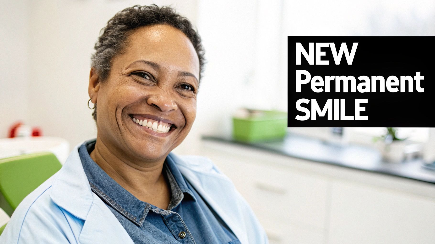 Happy older woman with a bright new permanent smile at a dental clinic.
