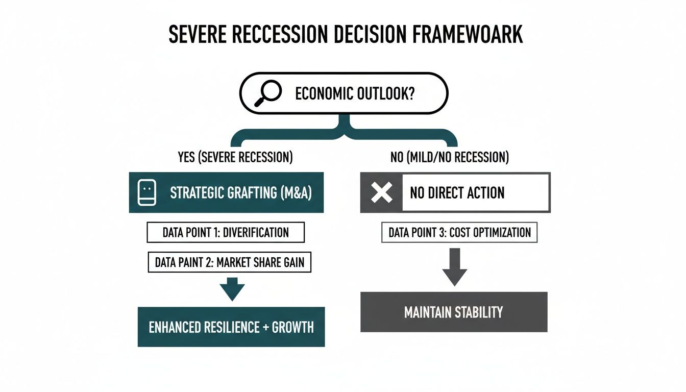 Decision framework flowchart for severe recession strategies, including M&A, diversification, and cost optimization.