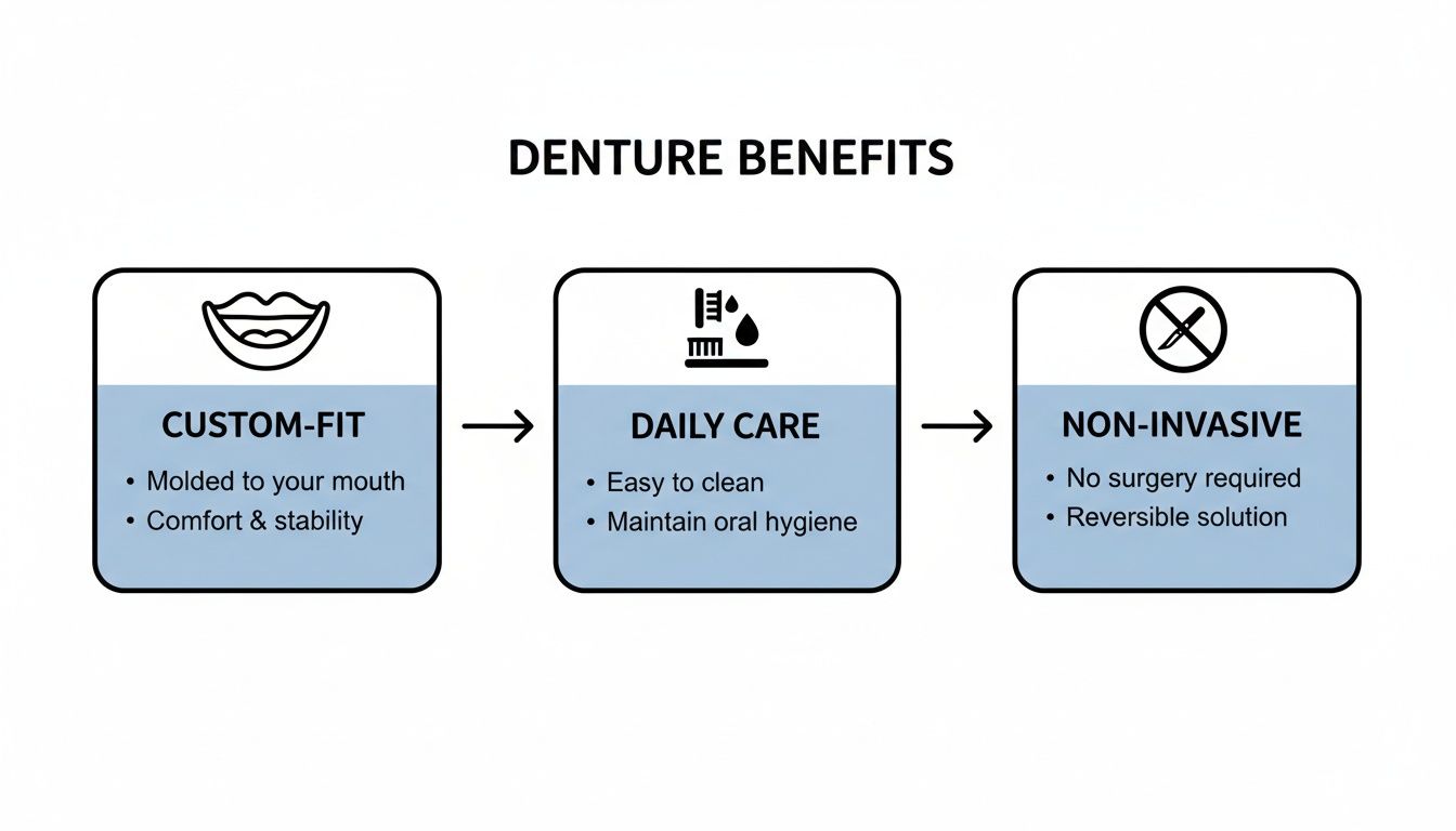 An infographic illustrating the benefits of dentures, including custom-fit, easy daily care, and non-invasive.