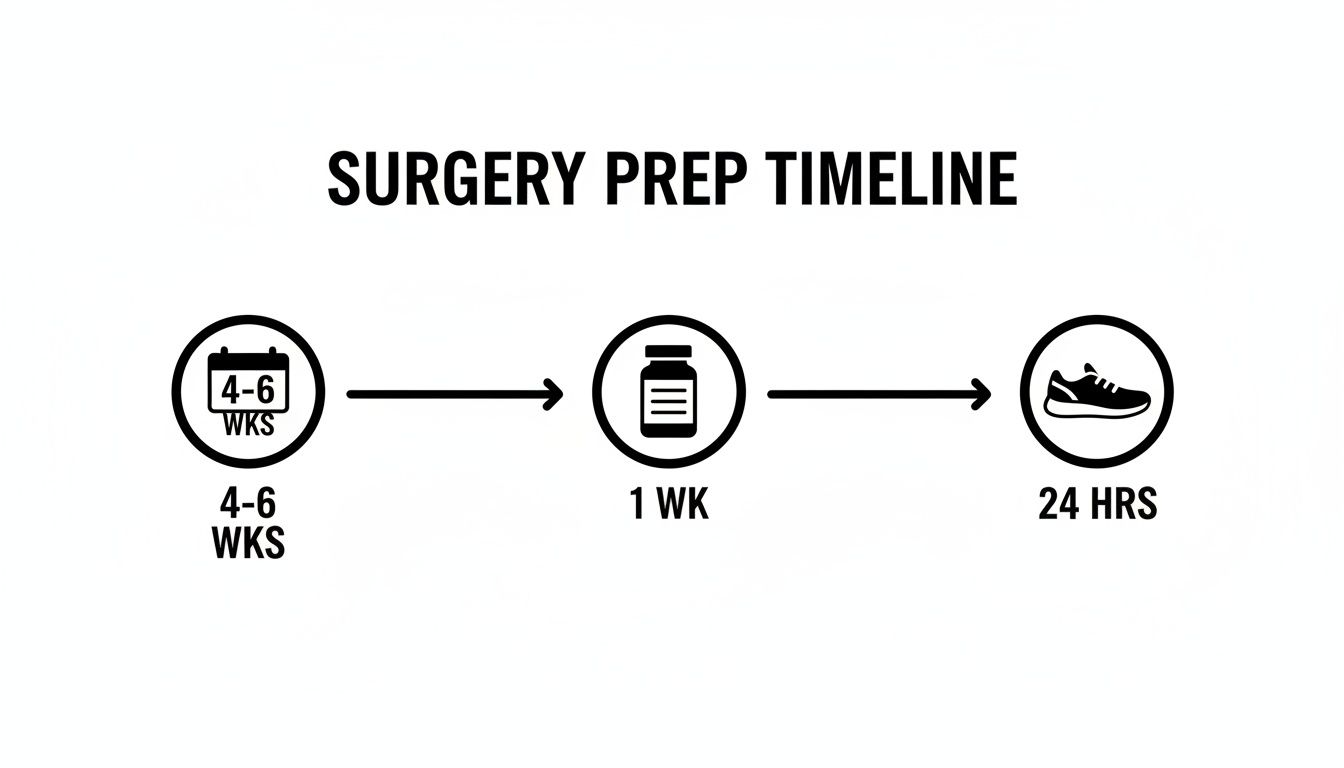An accessible timeline graphic outlining the surgery preparation steps from 4-6 weeks to 24 hours before.