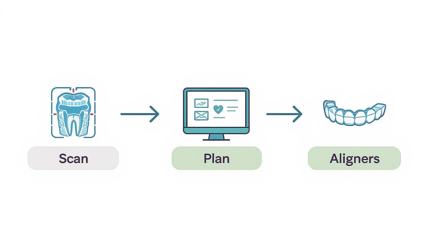 A three-step process showing teeth scan, digital treatment plan on a monitor, and final clear aligners.