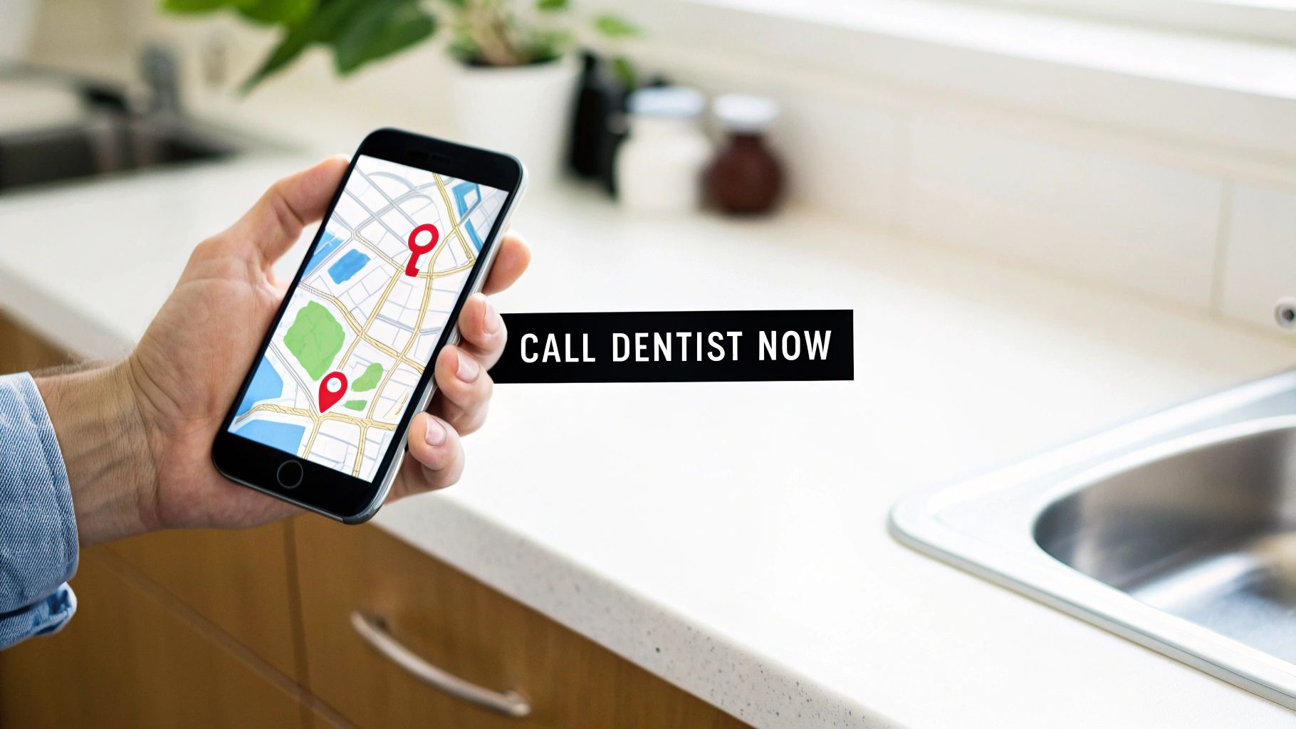 Hand holding a smartphone displaying a map with location pins and a 'CALL DENTIST NOW' banner.