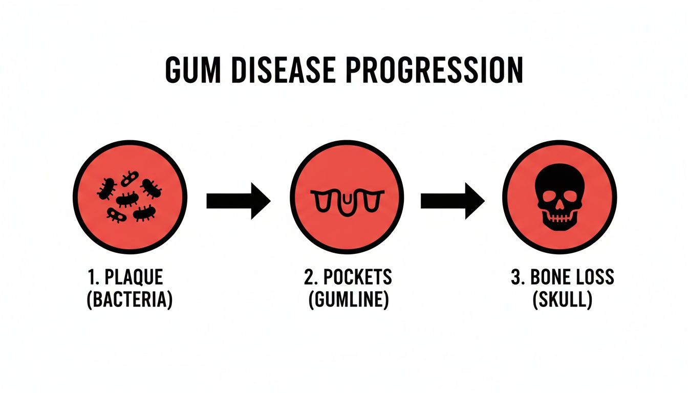 A diagram illustrates the progression of gum disease through three stages: plaque, pockets, and bone loss.