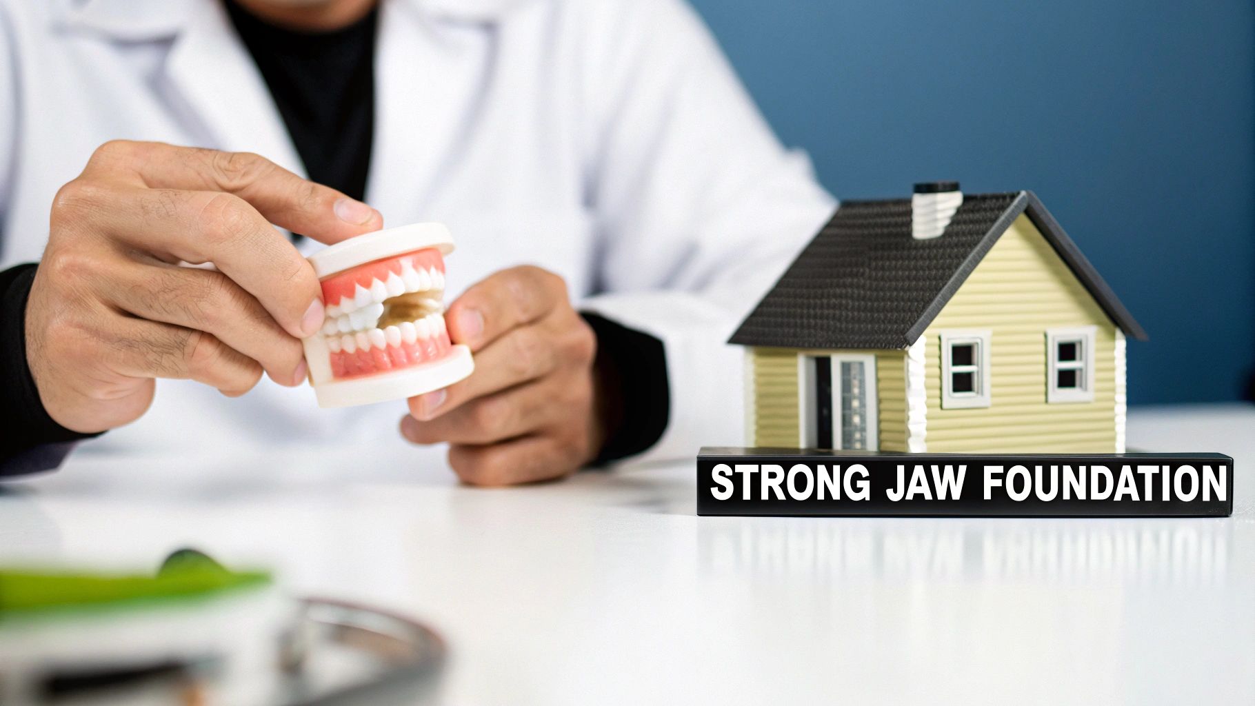 A dentist holds a jaw model, next to a miniature house and a sign 'STRONG JAW FOUNDATION'.