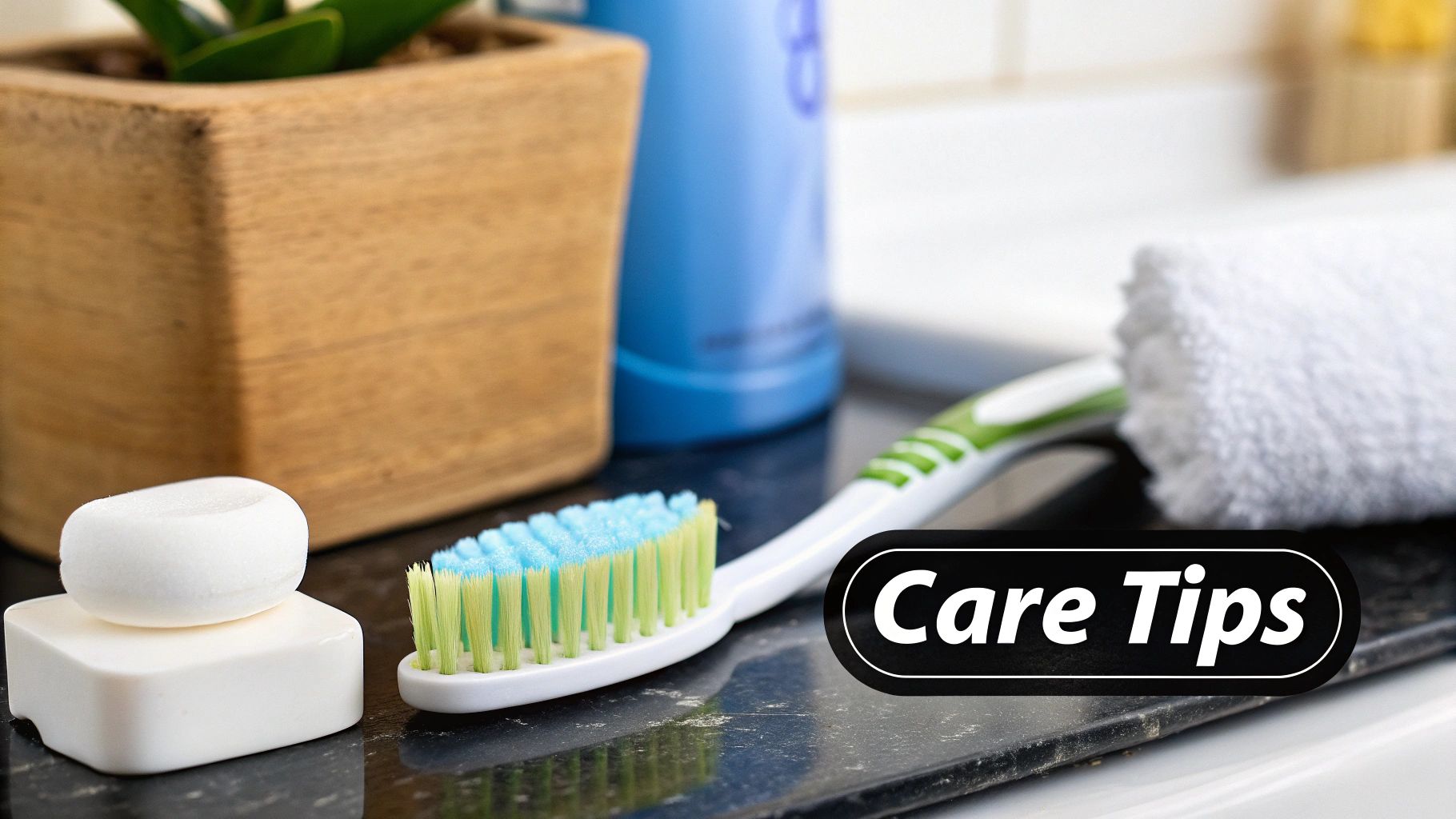 Bathroom counter with a toothbrush, two white soaps, a towel, and a plant in a wooden pot.