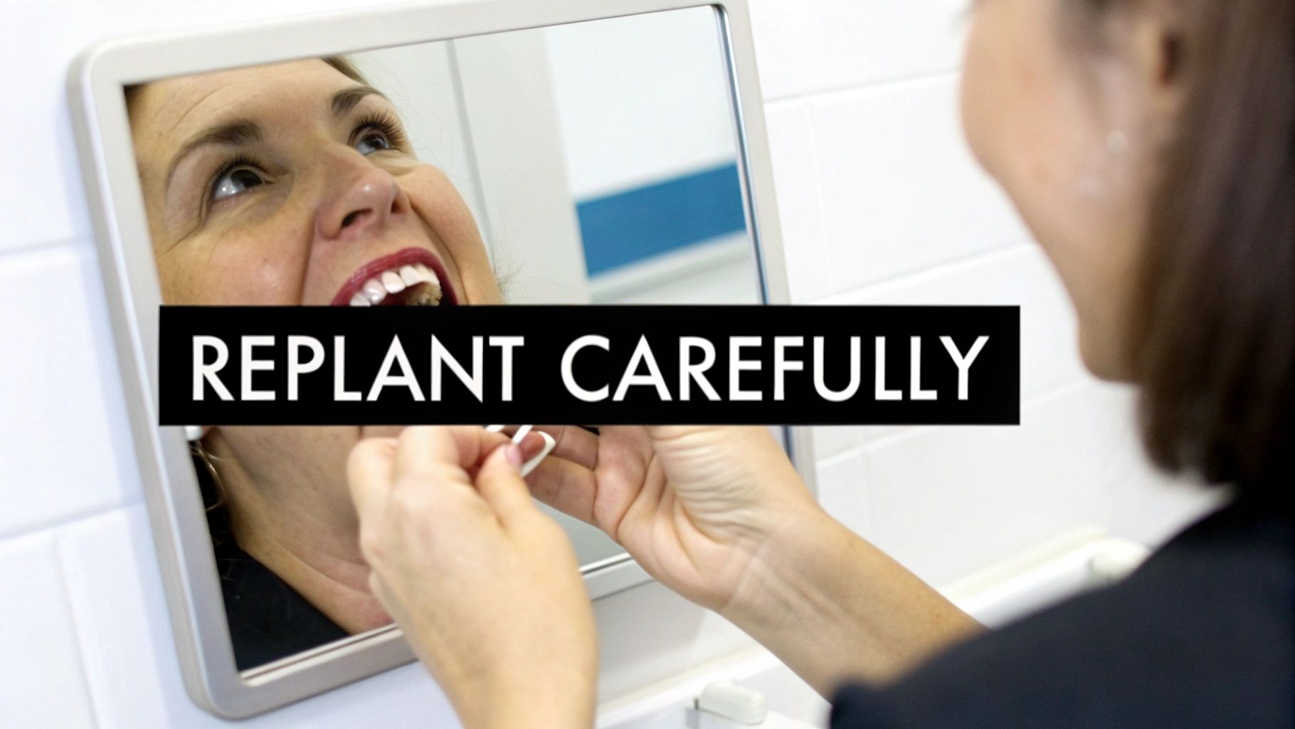 A woman looks at her reflection in a mirror, holding a small dental tool, with text 'REPLANT CAREFULLY'.