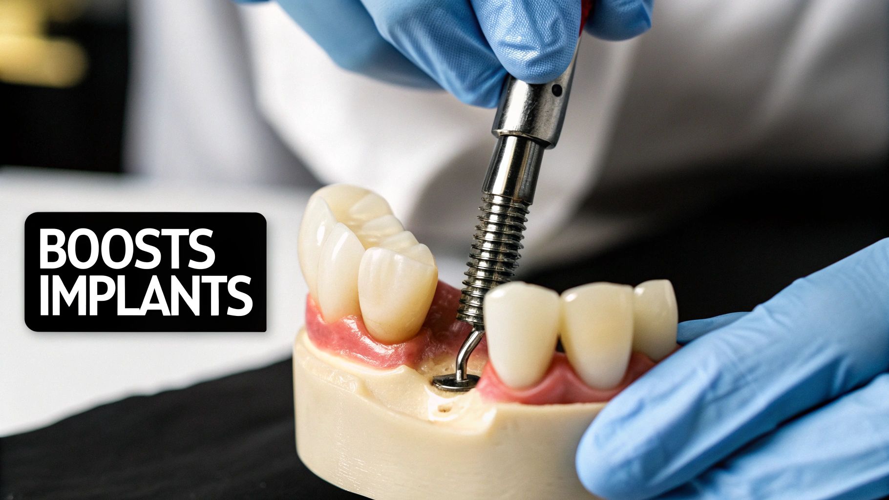 A gloved hand uses a dental tool to demonstrate installing an implant on a tooth model.