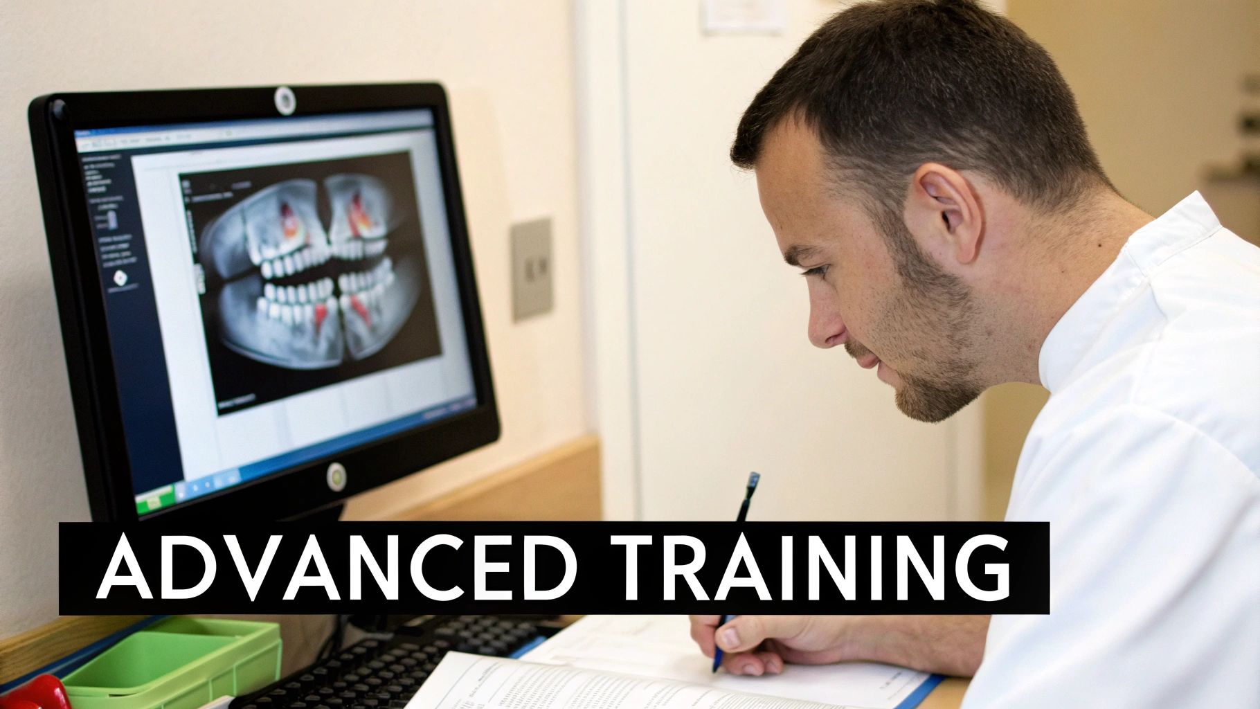 A medical professional in a white shirt writes while looking at a dental X-ray on a computer screen, signifying advanced training.