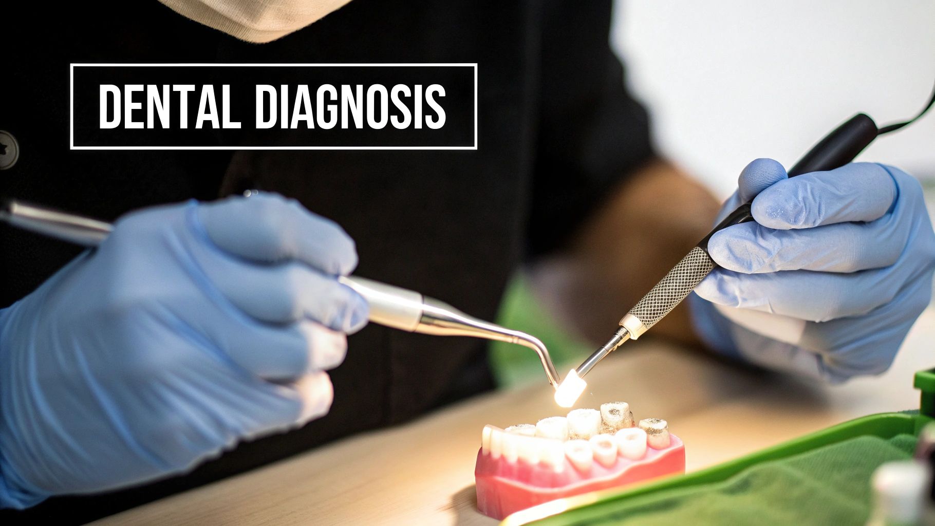 A dental professional wearing blue gloves examines a tooth model with illuminated dental tools.