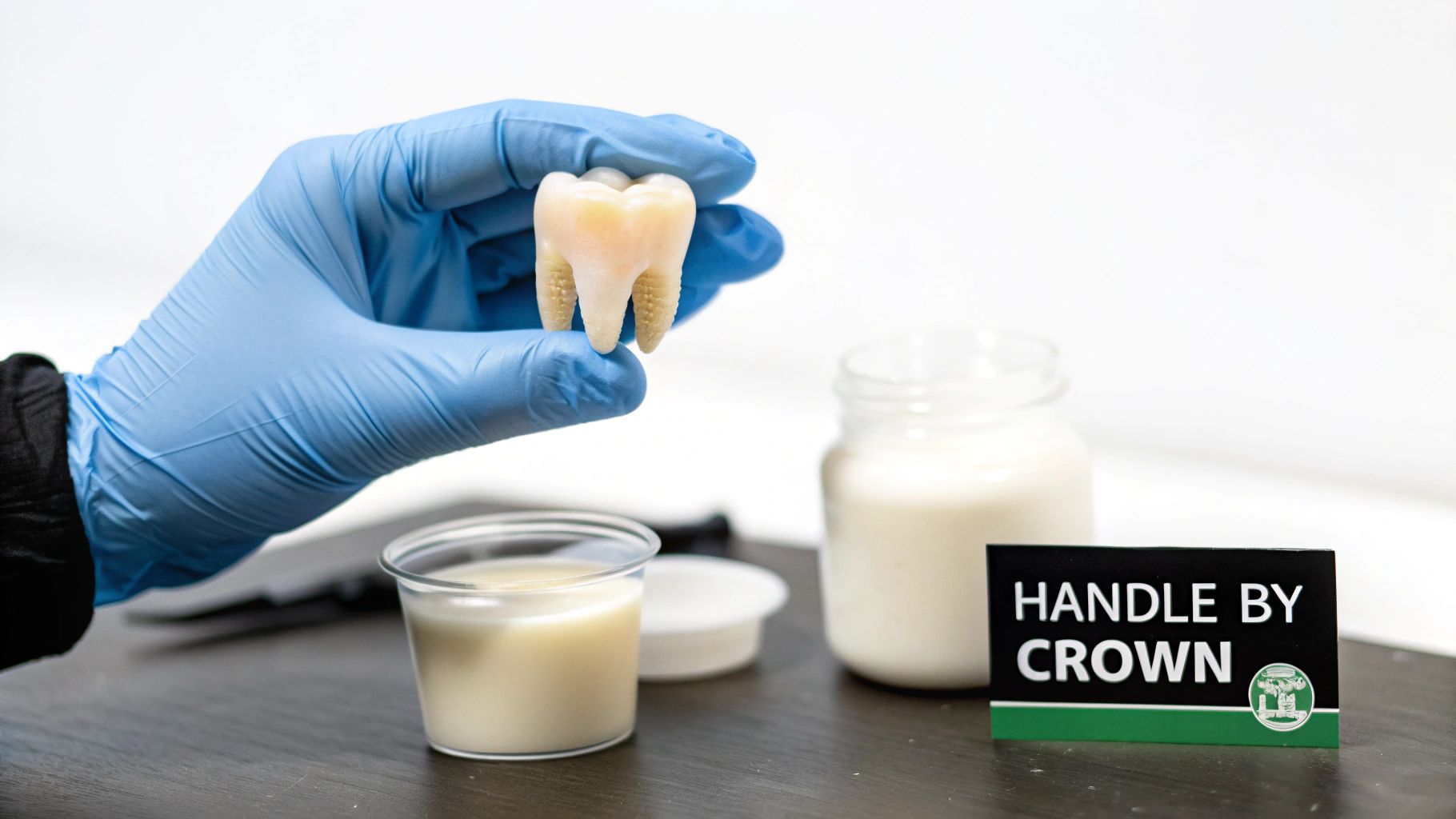A gloved hand holds a realistic tooth model next to jars of solution and a 'HANDLE BY CROWN' sign.