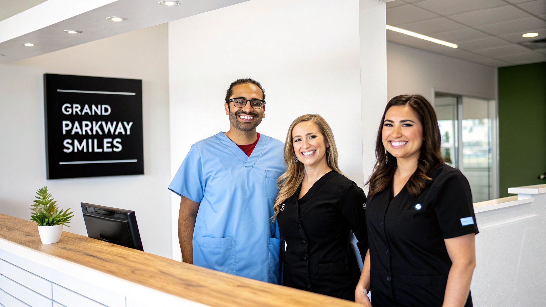 Three smiling dental professionals, two women and one man, stand in a modern dental office.